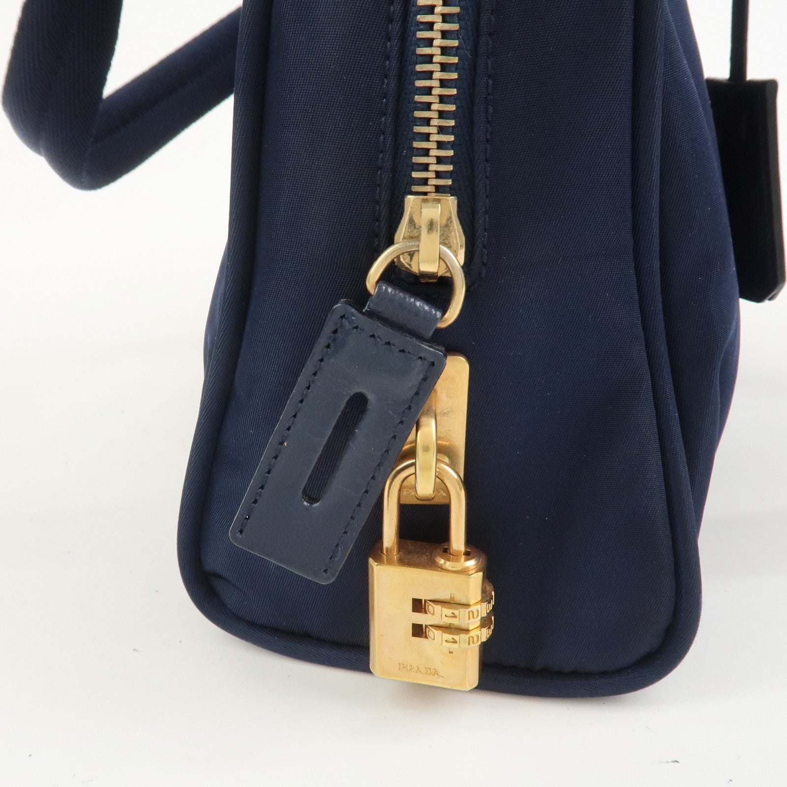 PRADA Triangle Logo Nylon Leather Hand Bag Navy