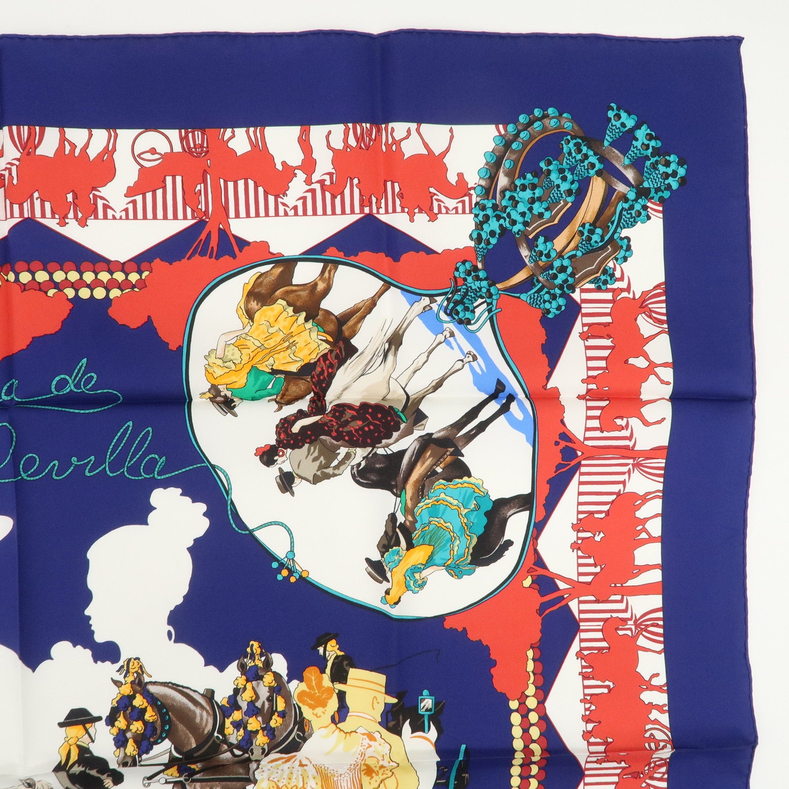 HERMES Carre 90 Silk 100% Scarf FERIA DE SEVILLA Navy White Red