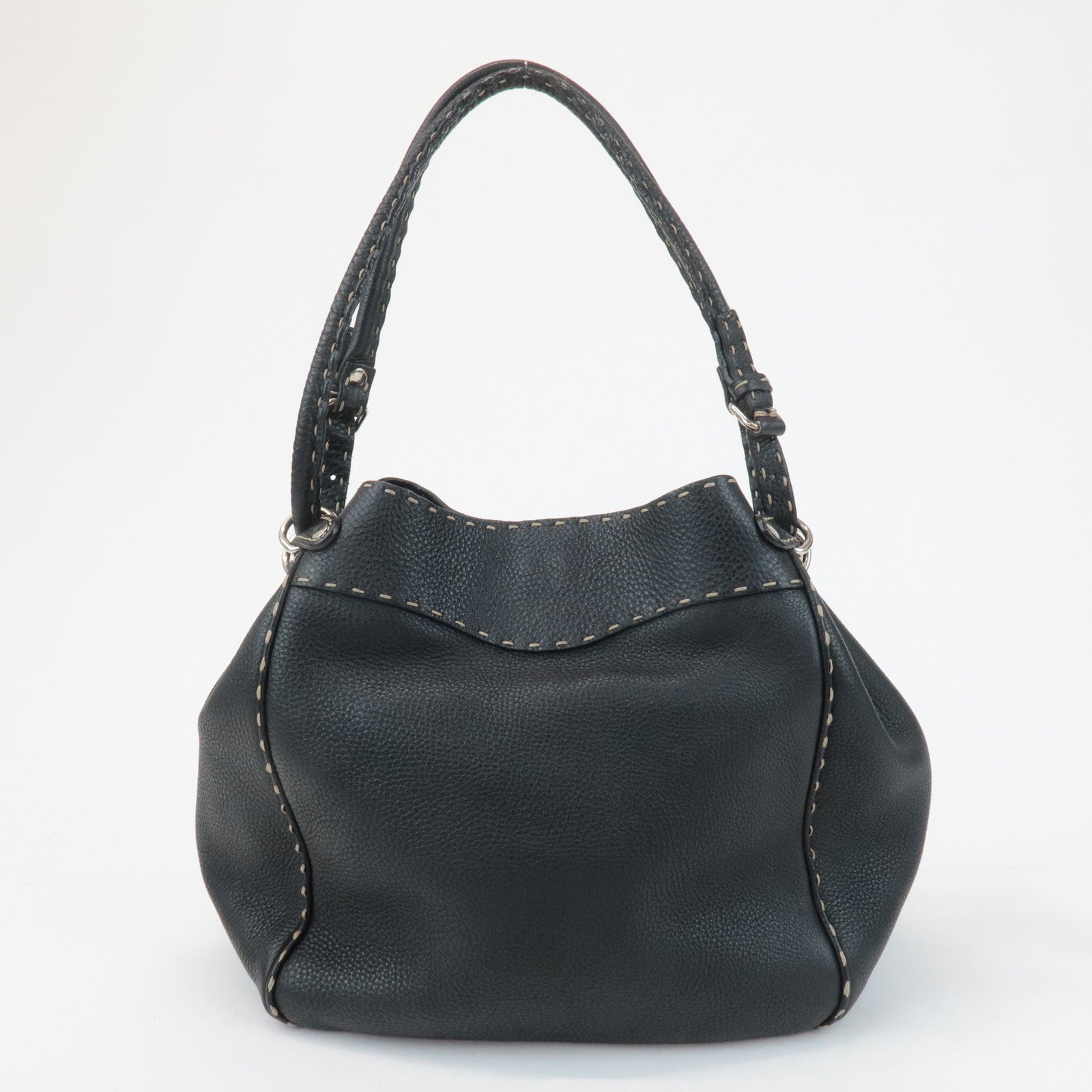 FENDI Selleria Leather Tote Bag Shoulder Bag Black 8BR489 Used