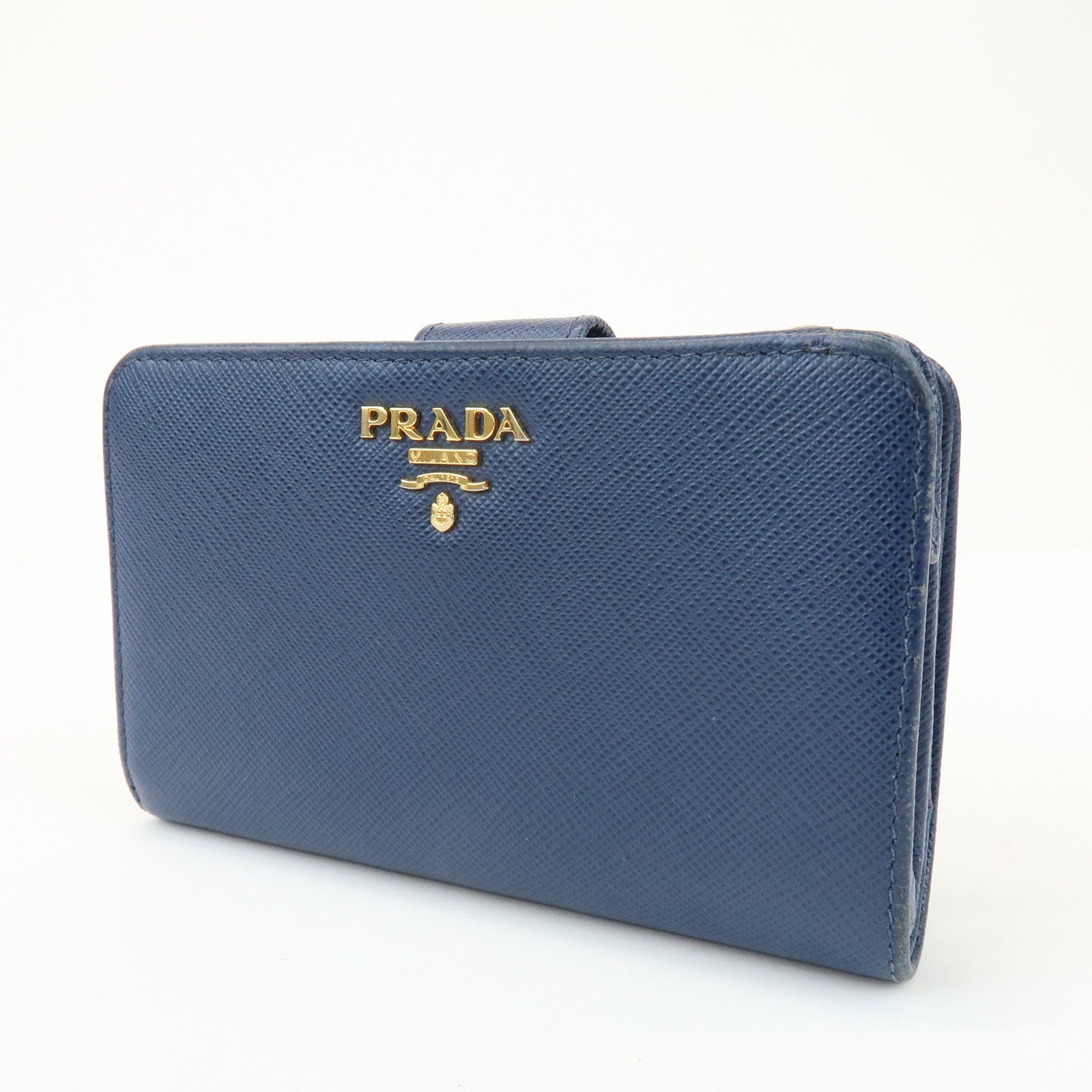 PRADA Saffiano Leather Compact Wallet Navy Gold 1ML225