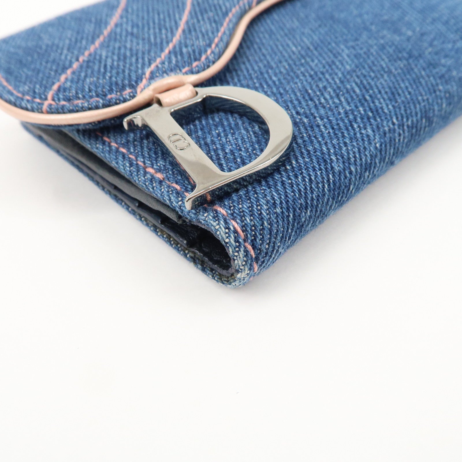 Christian Dior Saddle Lotus Wallet Denim Blue Pink Silver GDW Used