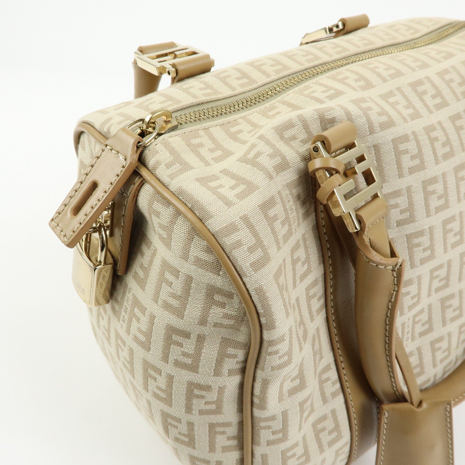 FENDI Zucchino Canvas Leather Boston Bag Hand Bag Beige 8BL068