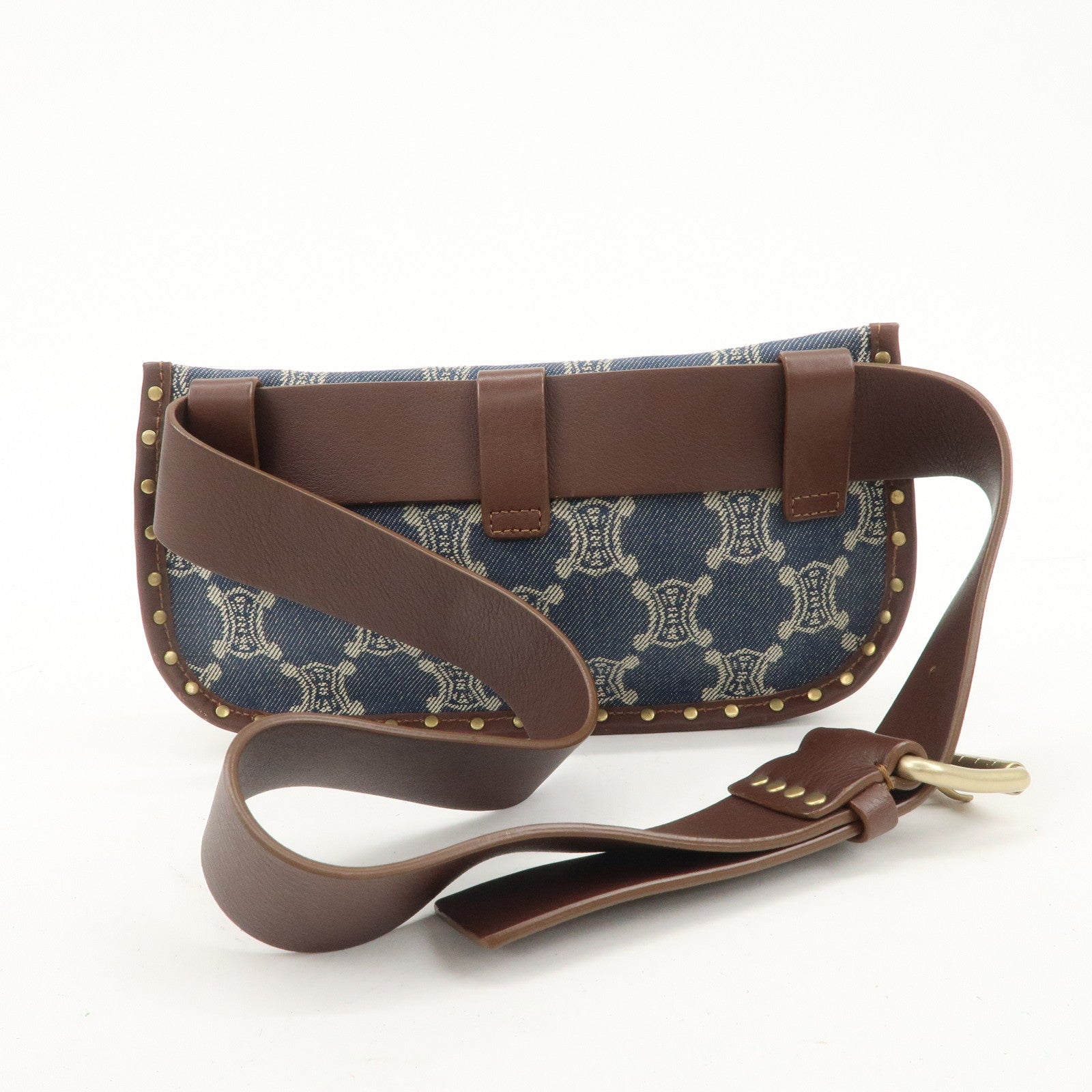 CELINE Macadam Waist Bag Denim Navy Dark Brown Gold HDW Used