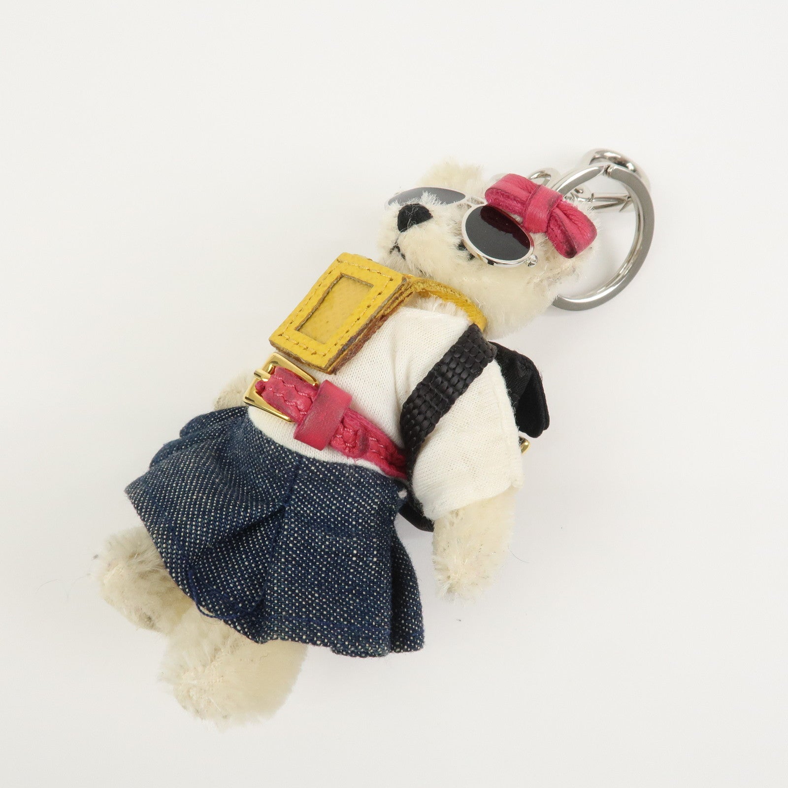 PRADA Triangle Logo Teddy Bear Bag Key Charm Denim Multicolor