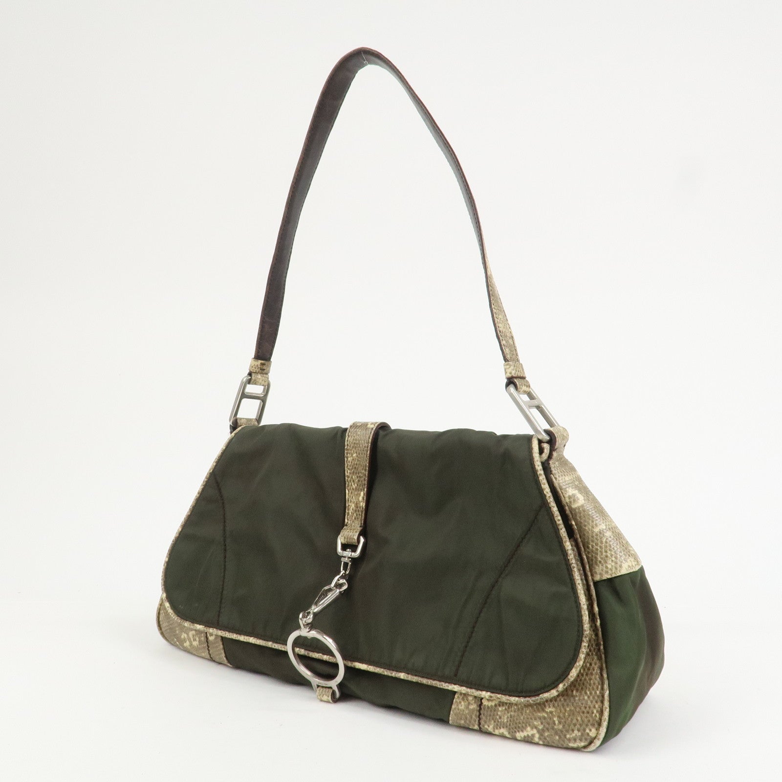 PRADA Triangle Logo Nylon Shoulder Bag Hand Bag Khaki B10738