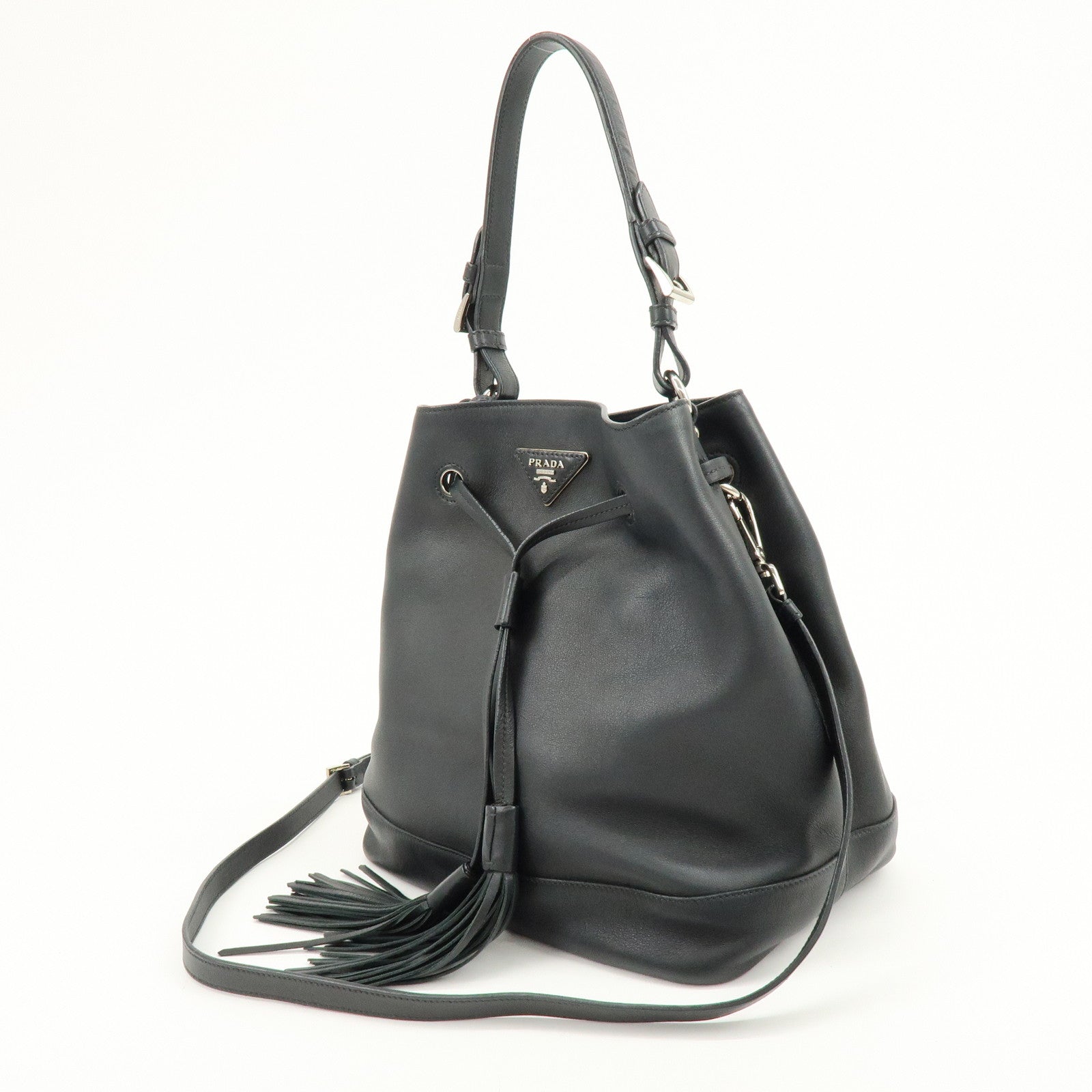 PRADA Triangle Logo City Calf Leather 2Way Bag Bucket Bag Black