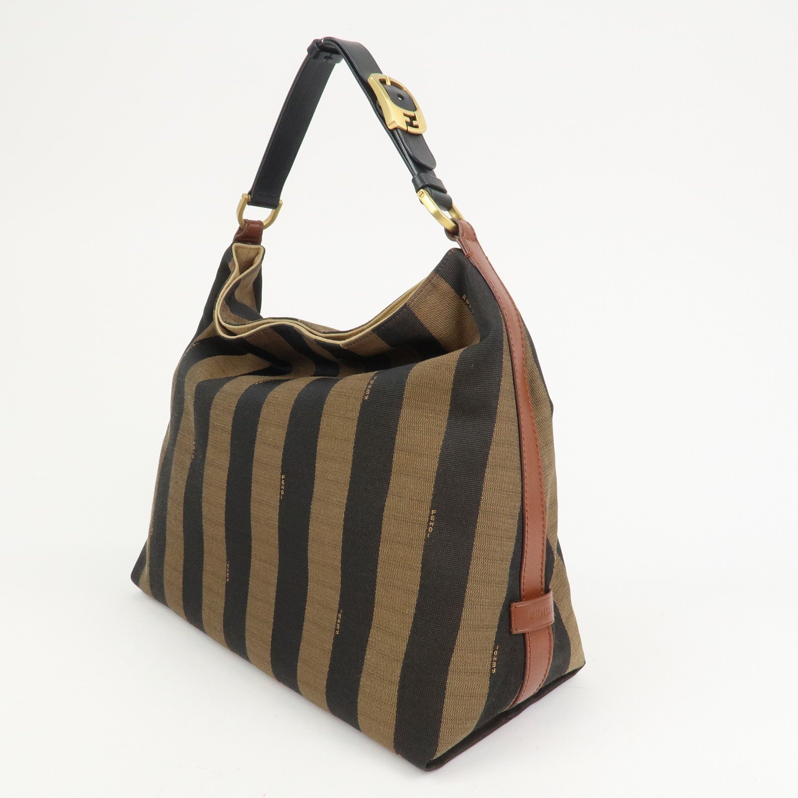 FENDI Pequin Canvas Leather Shoulder Bag Hand Bag Brown 8BR653