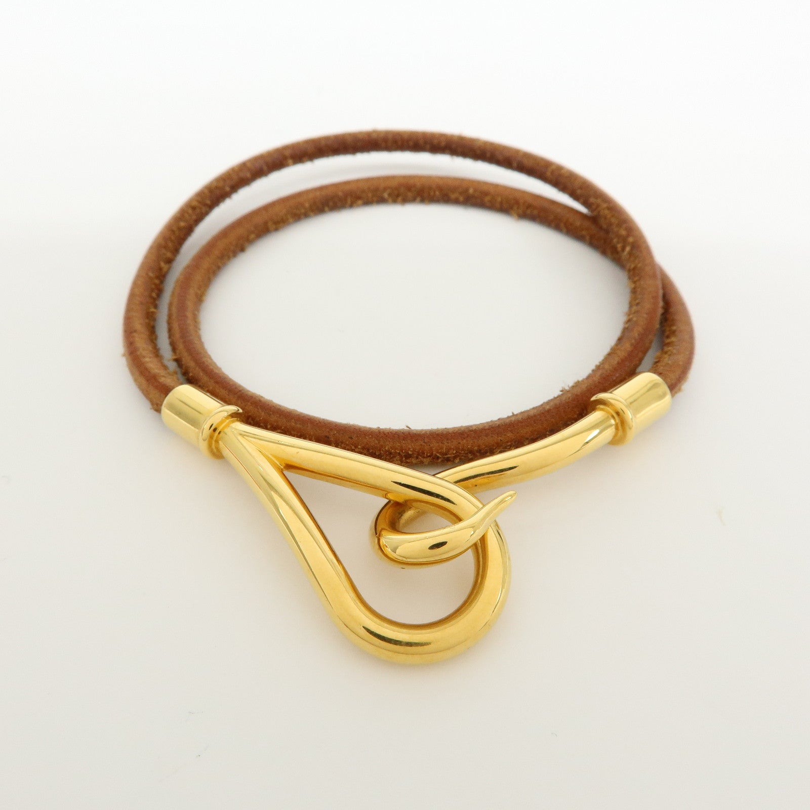 HERMES Jumbo Hook Double Tour Leather Choker Bracelet Brown Gold