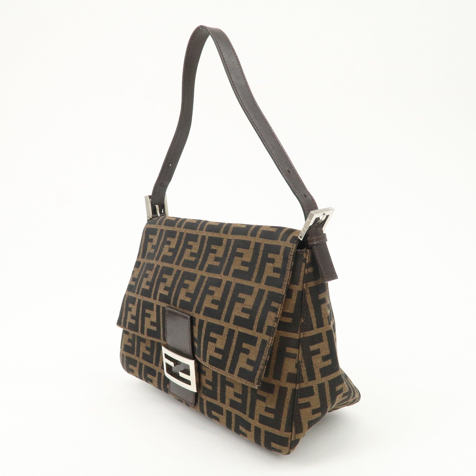 FENDI Mamma Baguette Canvas Leather Shoulder Bag Silver HDW 26325 Used