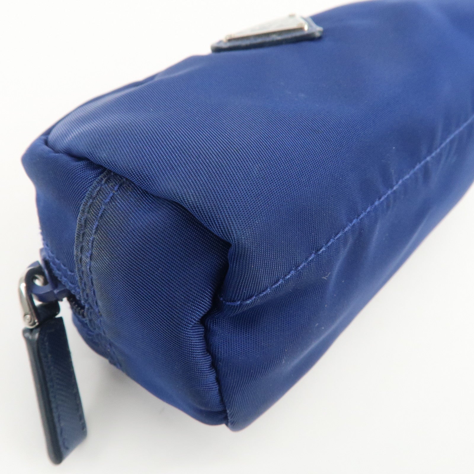 PRADA Triangle Logo Nylon Leather Cosmetic Pouch Blue 1N0175