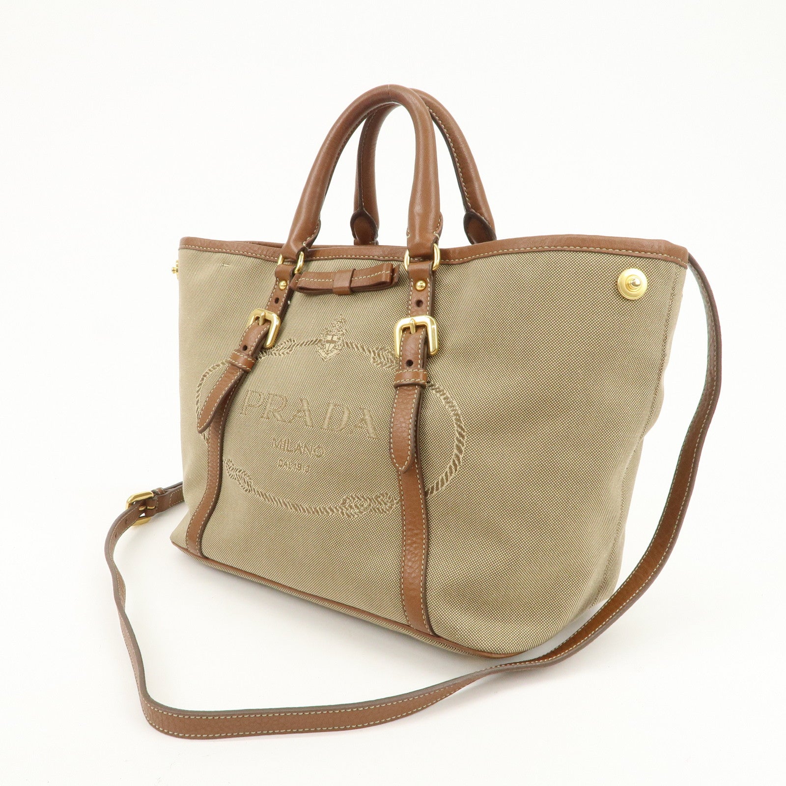 PRADA Logo Jacquard Leather Ribbon 2Way Tote Bag Brown BN1841