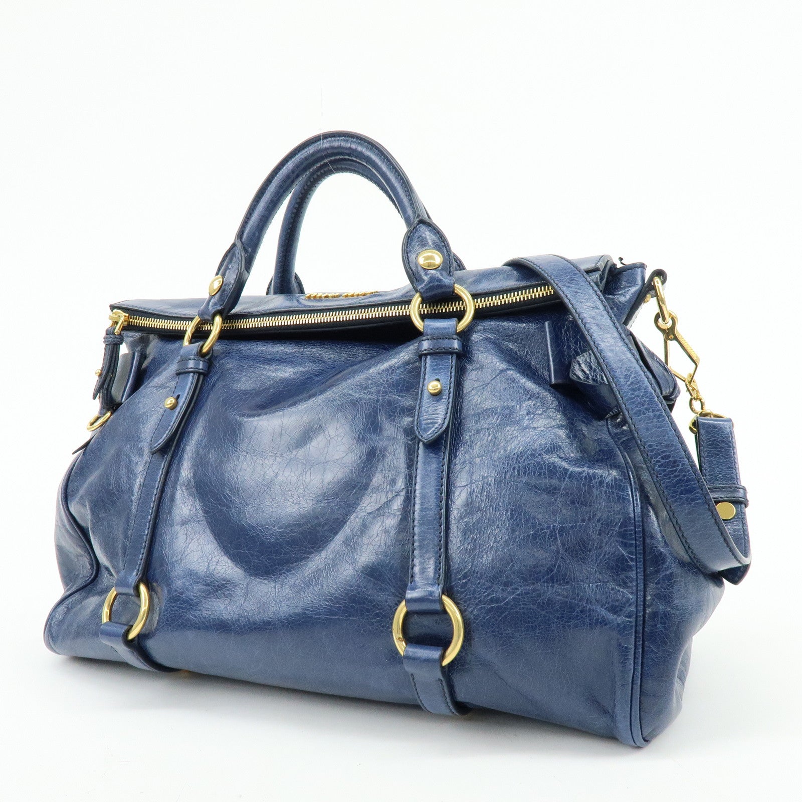 MIU MIU Side Ribbon Large Leather 2Way Bag Shoulder Bag Navy RT0365