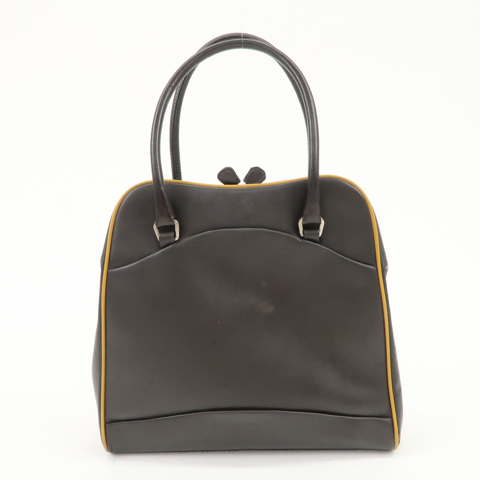 PRADA Triangle Logo Leather Tote Bag Hand Bag Beige Dark Brown Used