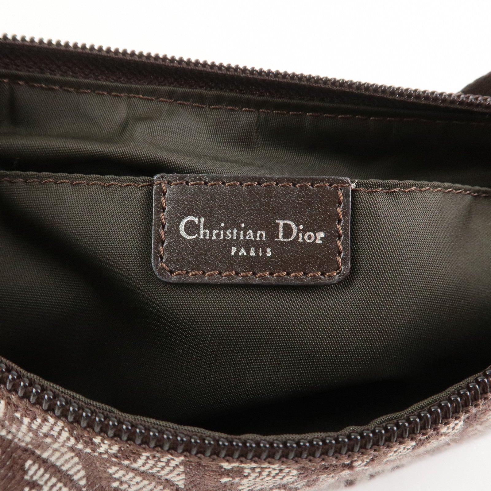 Christian Dior Trotter Jacquard Canvas Leather Shoulder Bag Brown