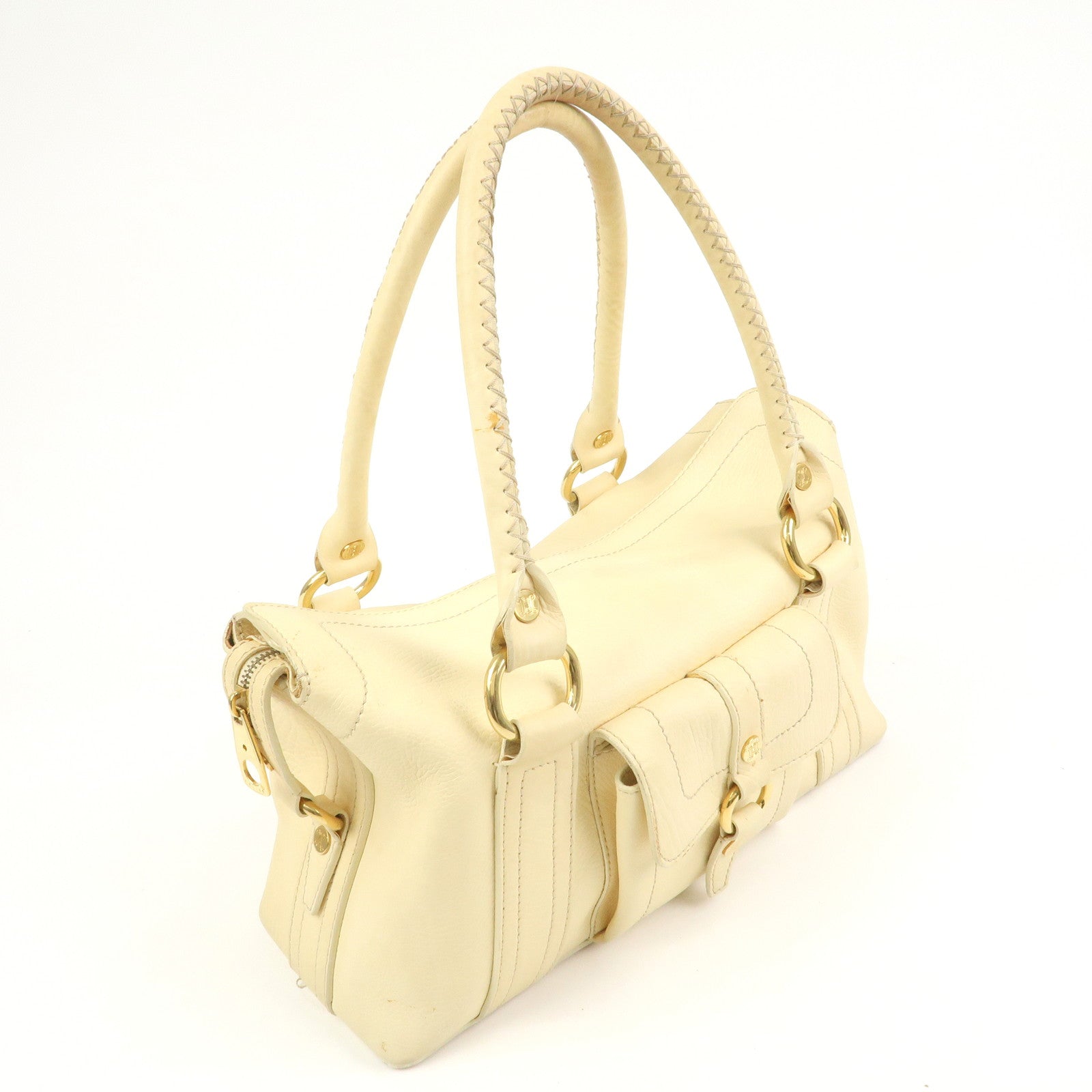 CELINE Macadam Logo Leather Tote Bag Hand bag Shoulder Bag Creme