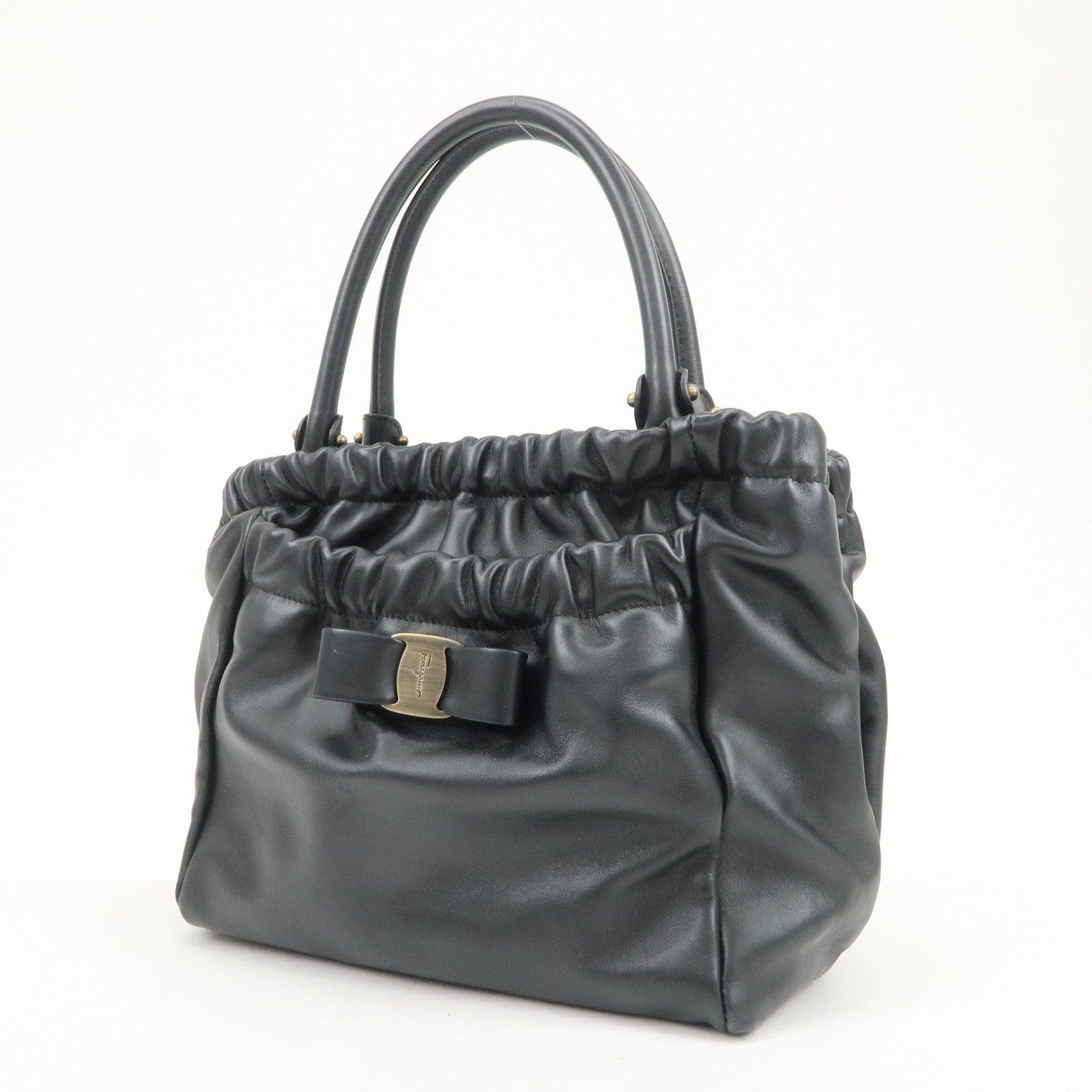 Ferragamo Vara Ribbon Leather 2Way Bag Hand Bag Shoulder Bag Black