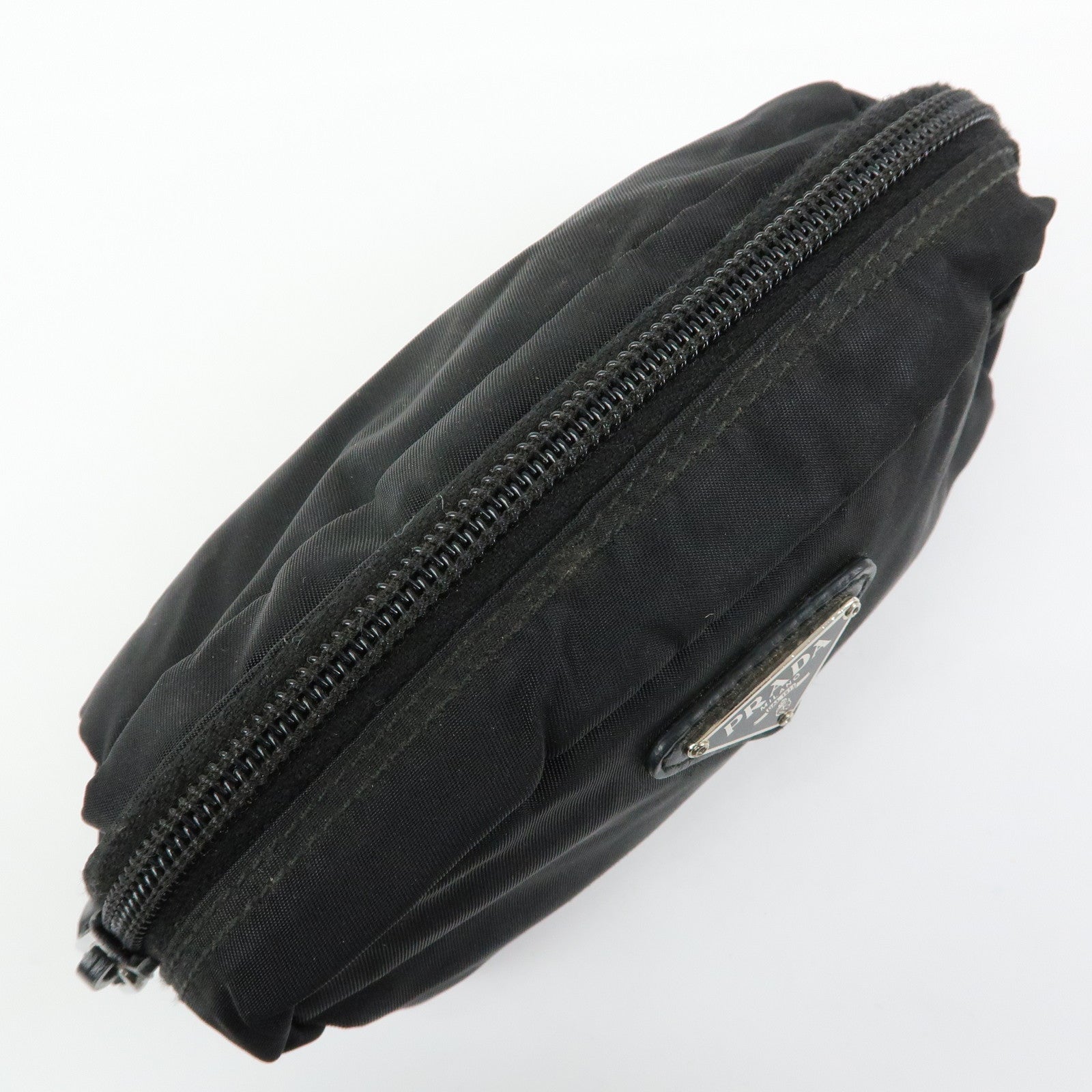 PRADA Triangle Logo Nylon Leather Pouch Cosmetic Case Black