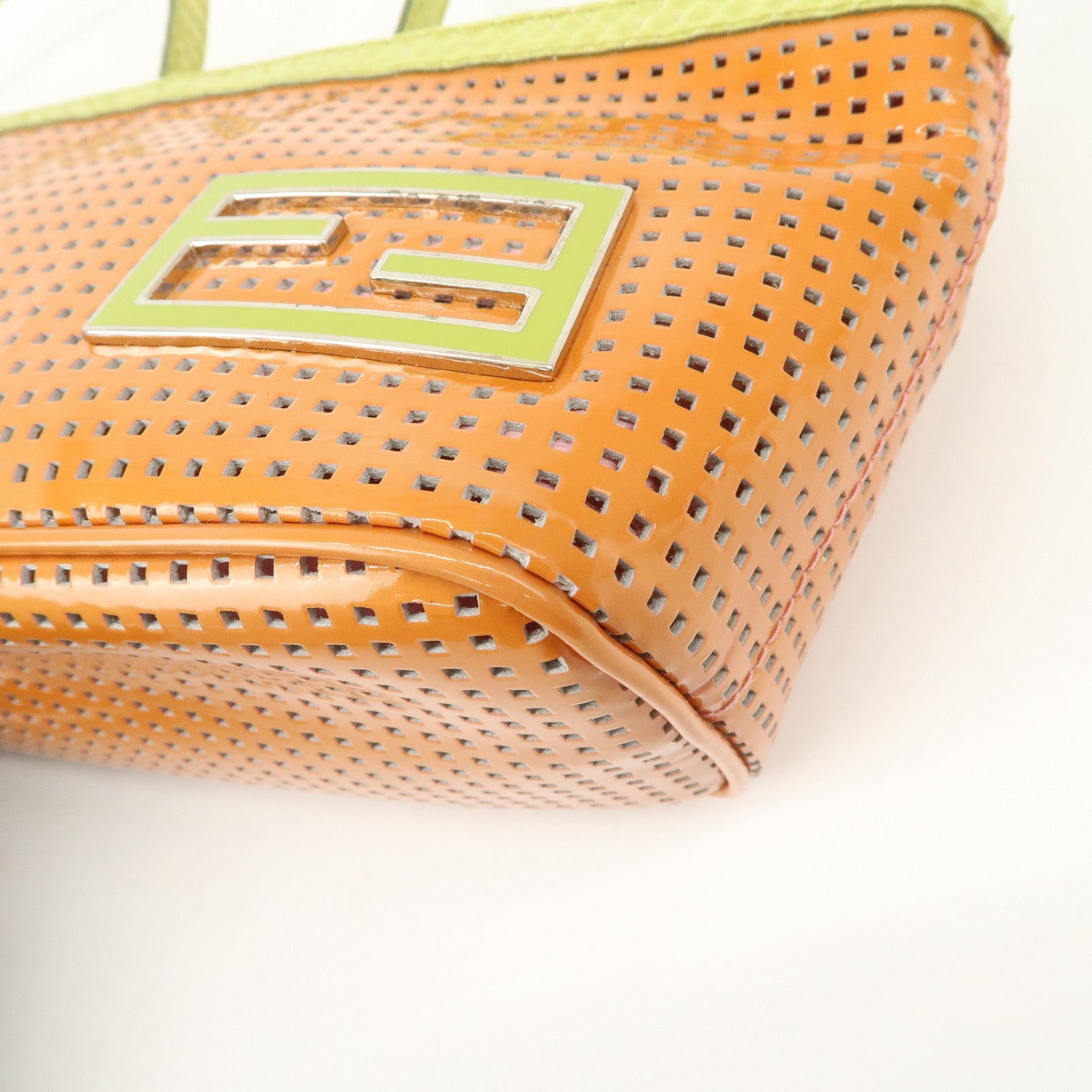 FENDI Patent Leather Mini Hand Bag Orange Lime Green 26636
