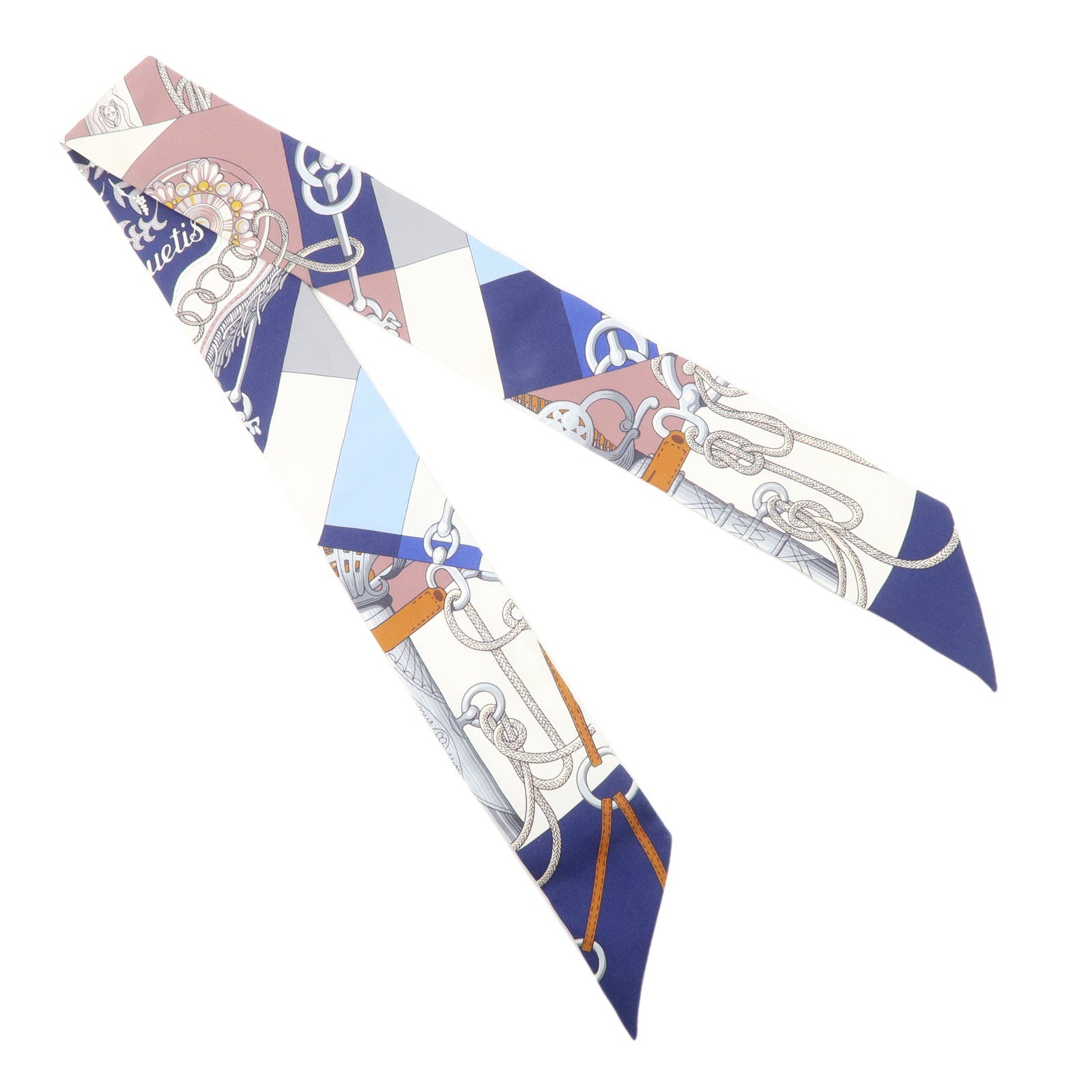 HERMES Silk 100% Twilly Scarf Qliquetis Navy White Blue Gray