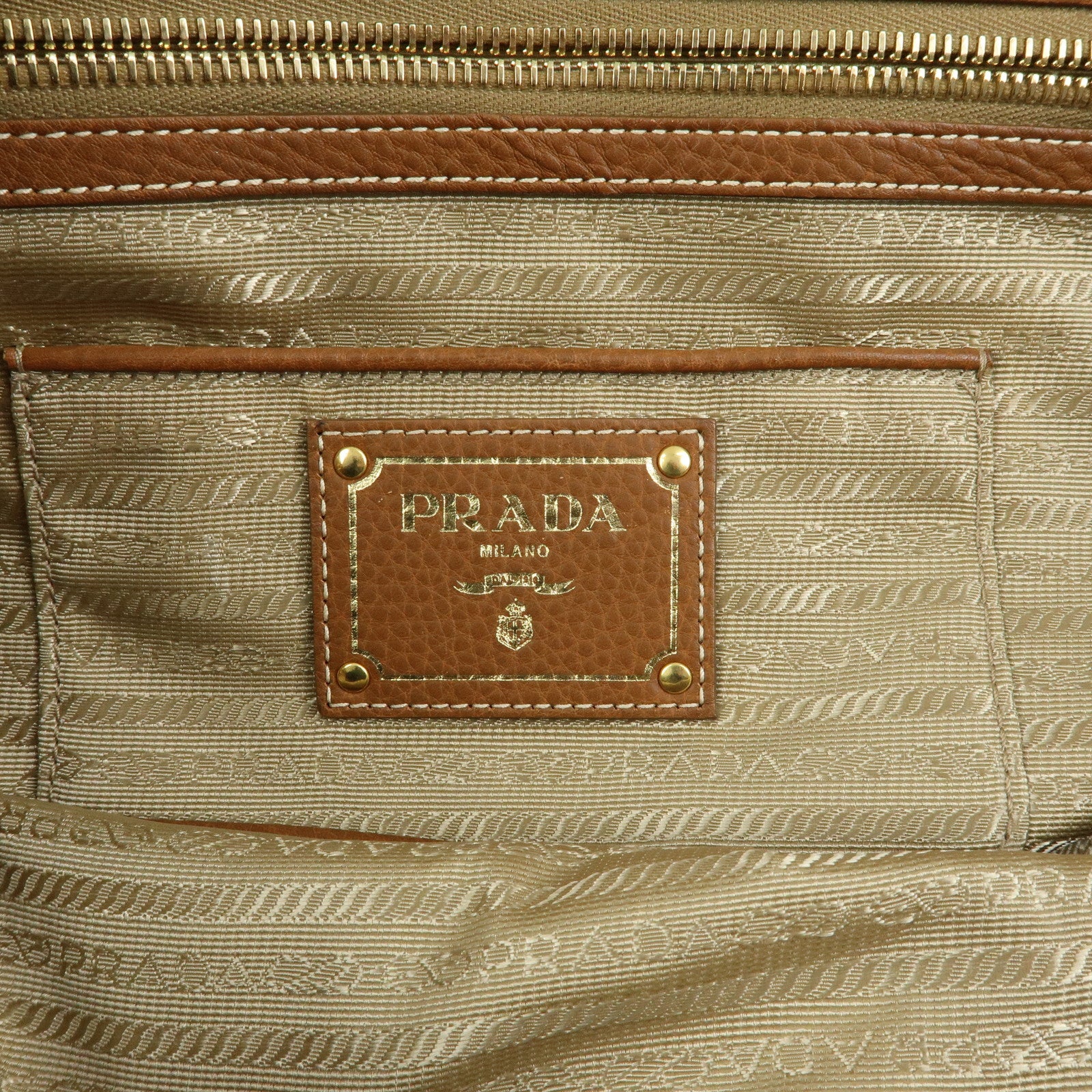 PRADA Triangle Logo Jacquard Leather 2Way Bag Hand Bag Brown