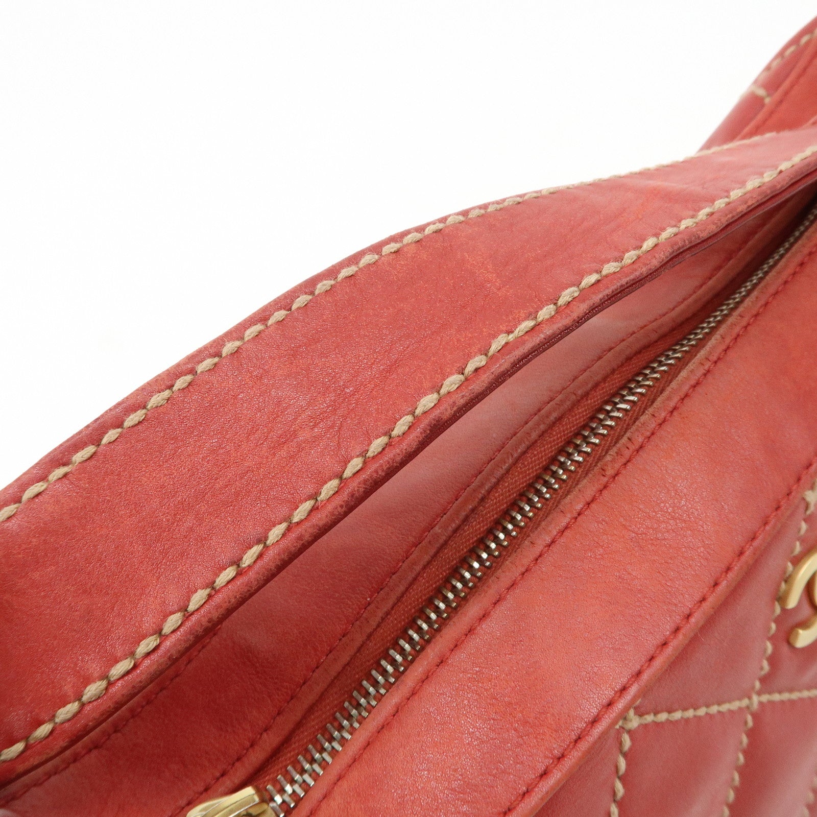 CHANEL COCO Mark Wild Stitch Lamb Skin Leather Hand Bag Red