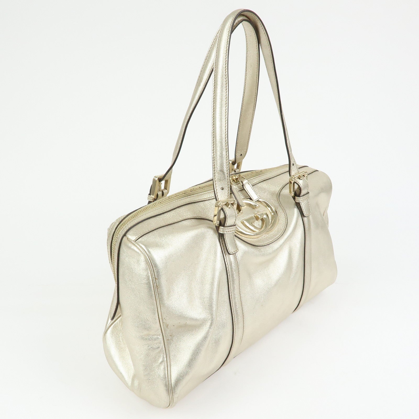 GUCCI Interlocking G Leather Boston Bag Hand Bag Gold 170010