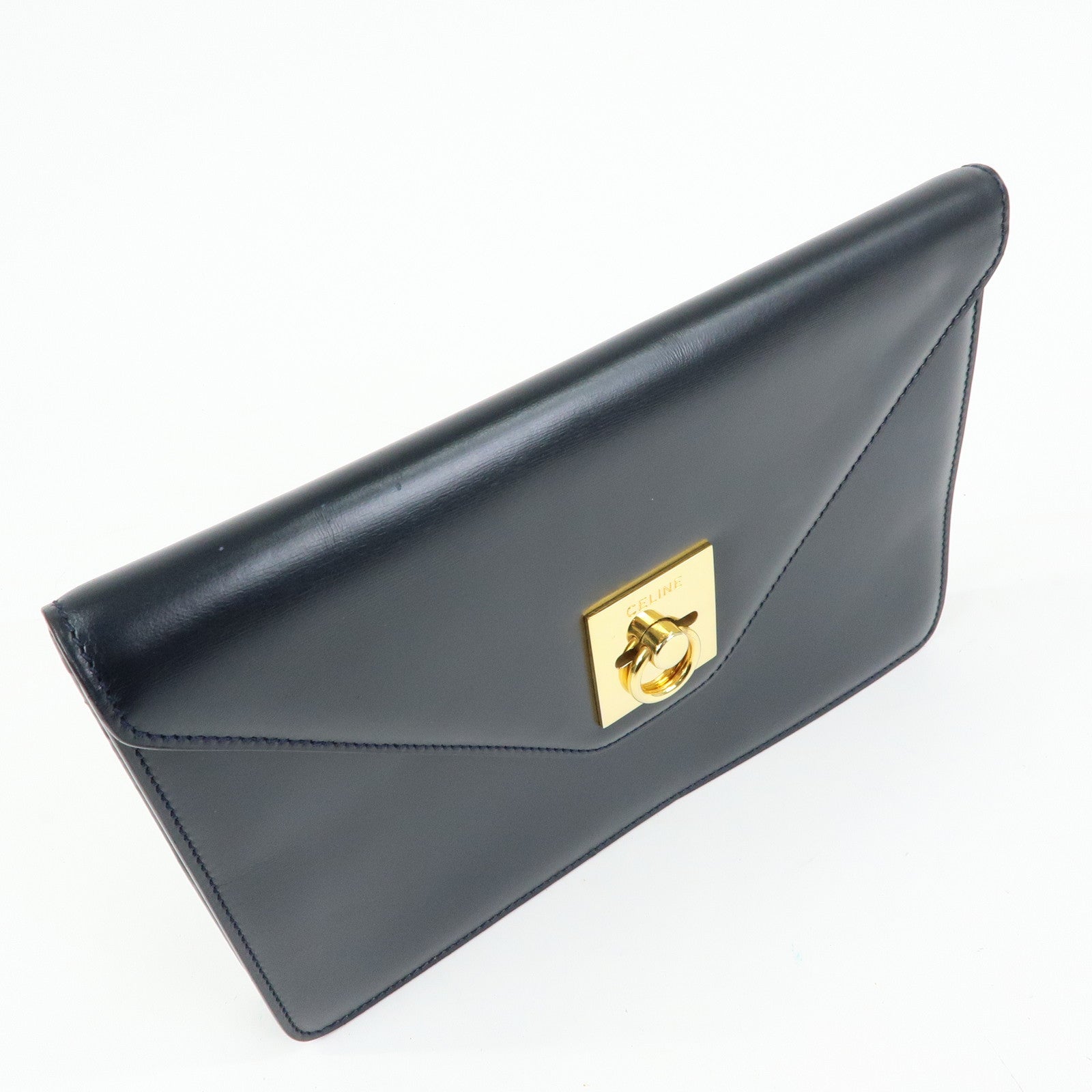 CELINE Leather Envelope Flap Clutch Bag Pouch Navy