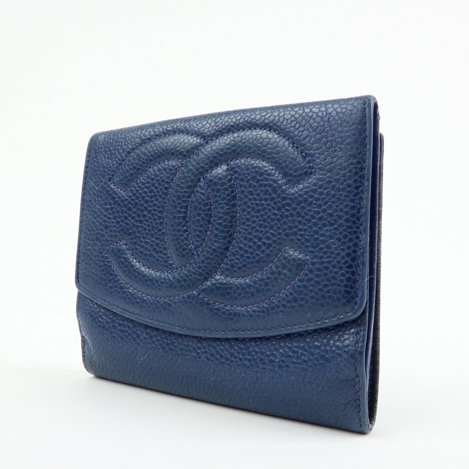 CHANEL COCO Mark Caviarskin W Hook Compact Wallet Navy A01427