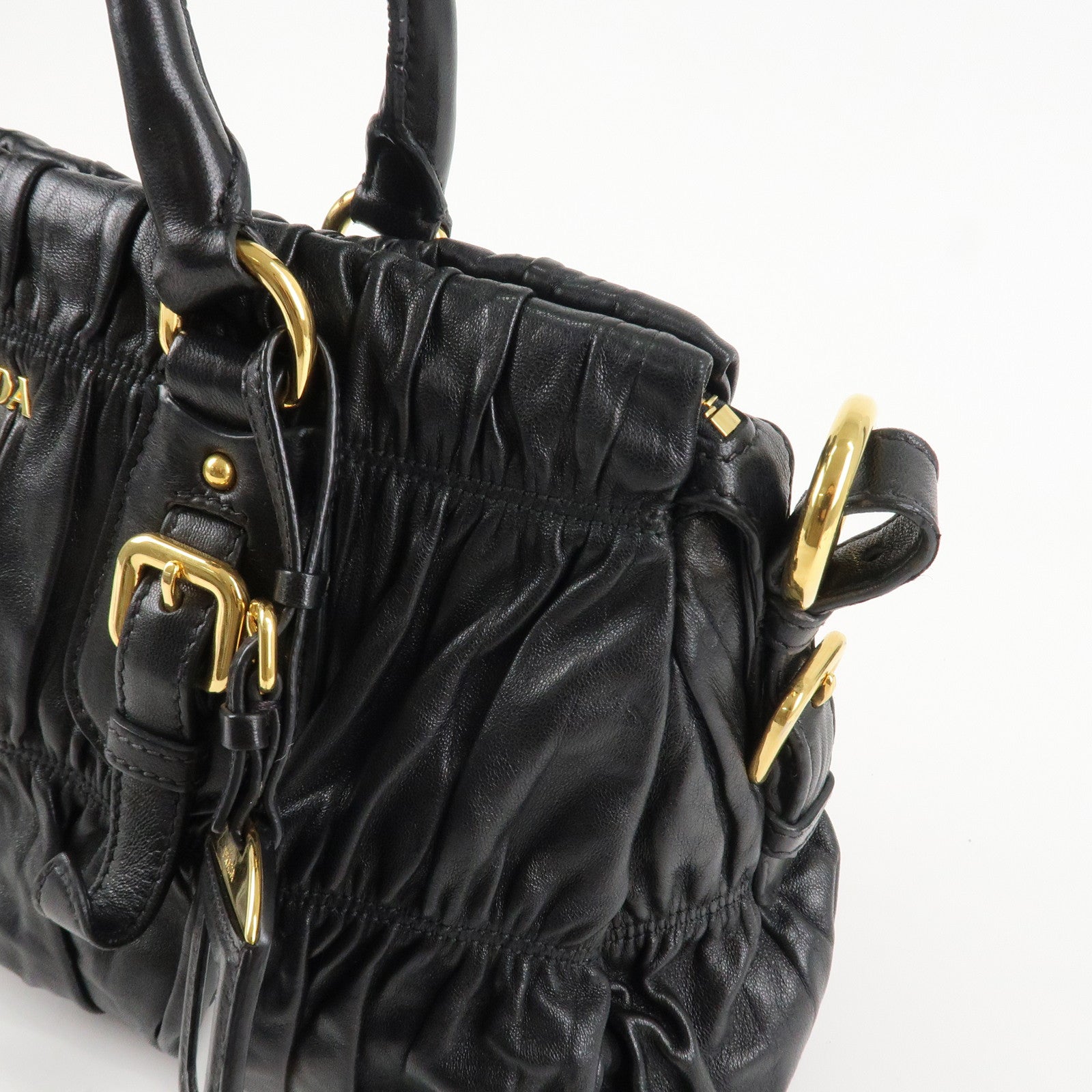 PRADA Logo Leather 2WAY Tote Bag Hand Bag Black Gold HDW B11091 Used