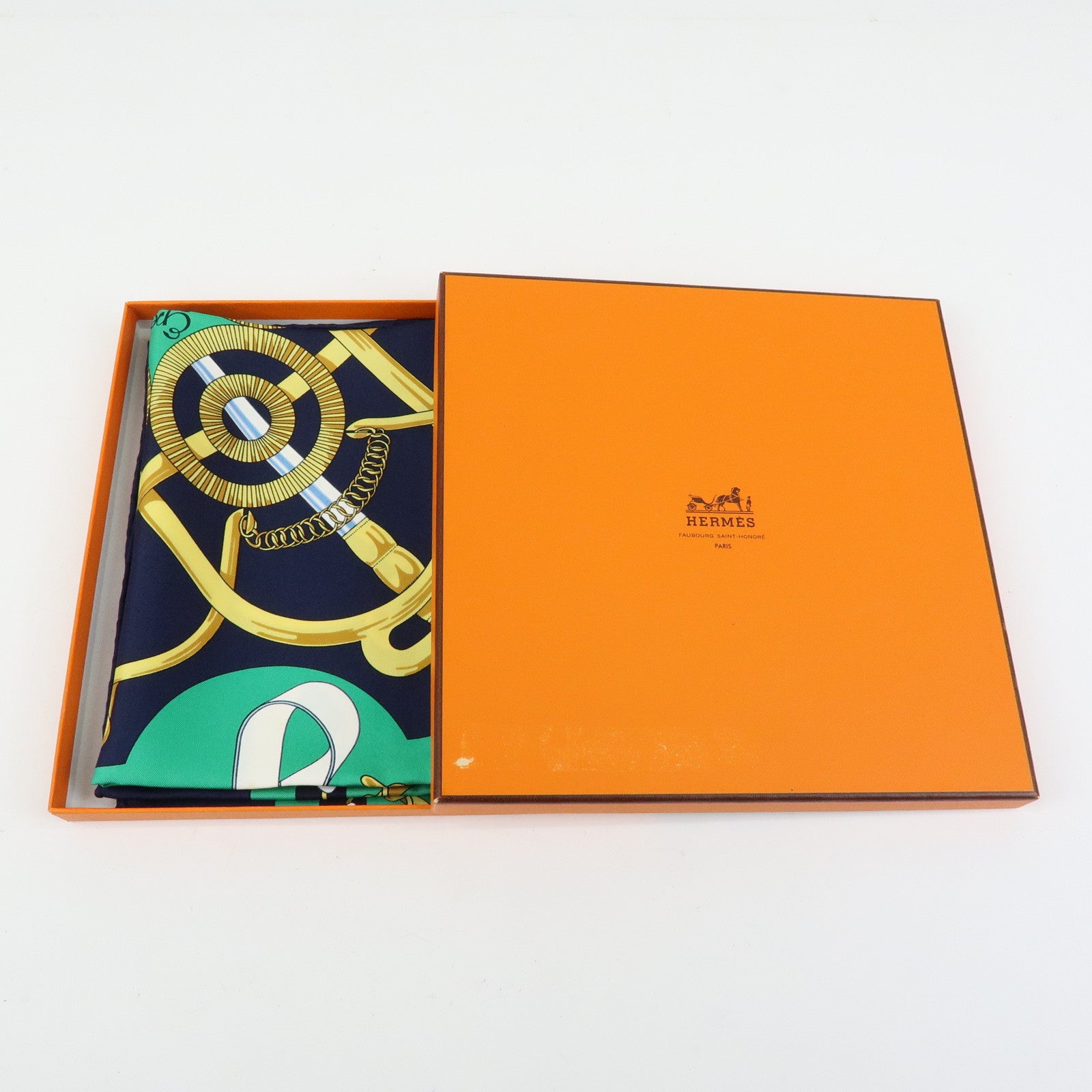 HERMES Carre 90 Silk 100% Scarf Eperon d'or Navy Green Gold