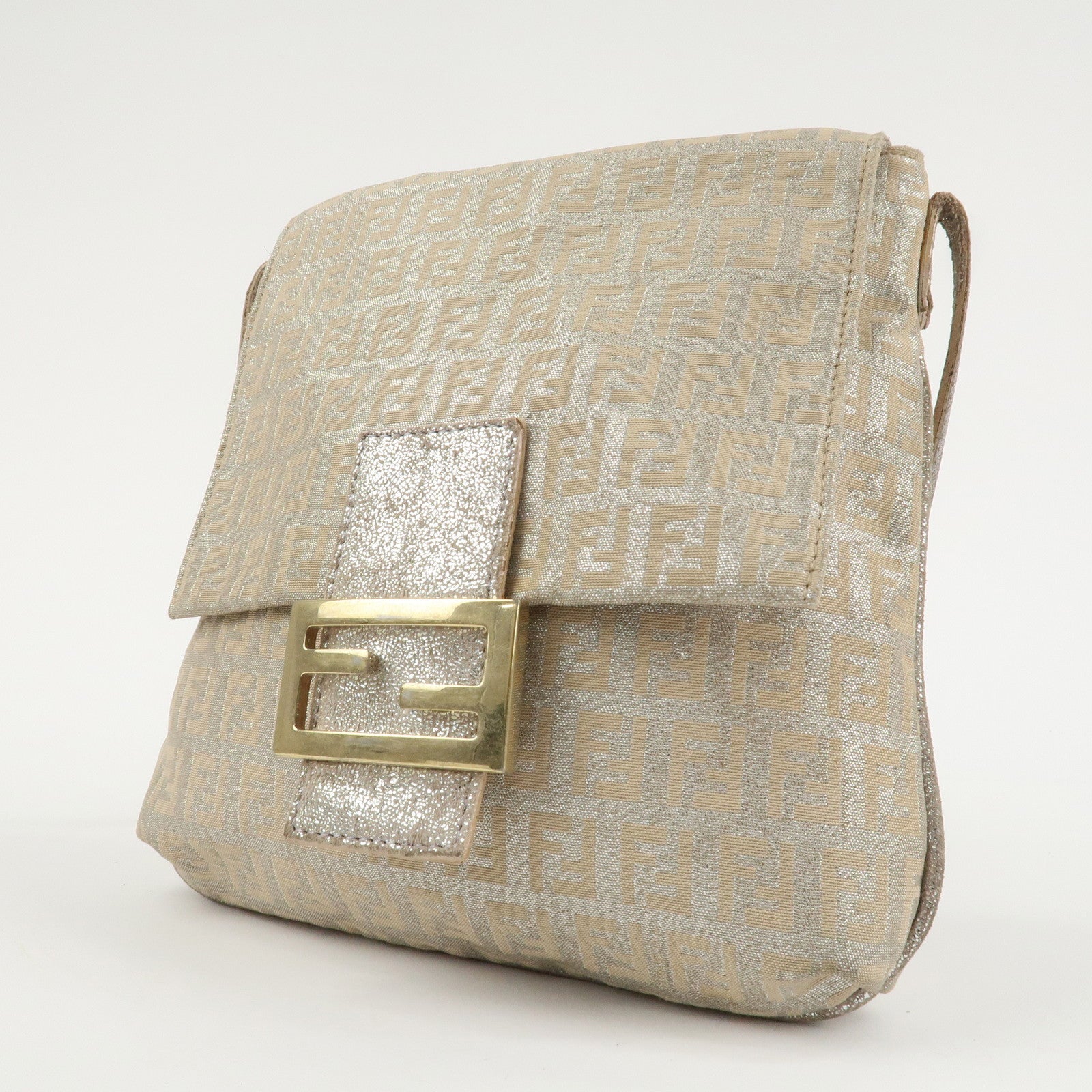 FENDI Zucchino Canvas Leather Shoulder Bag Silver Beige 8BT075