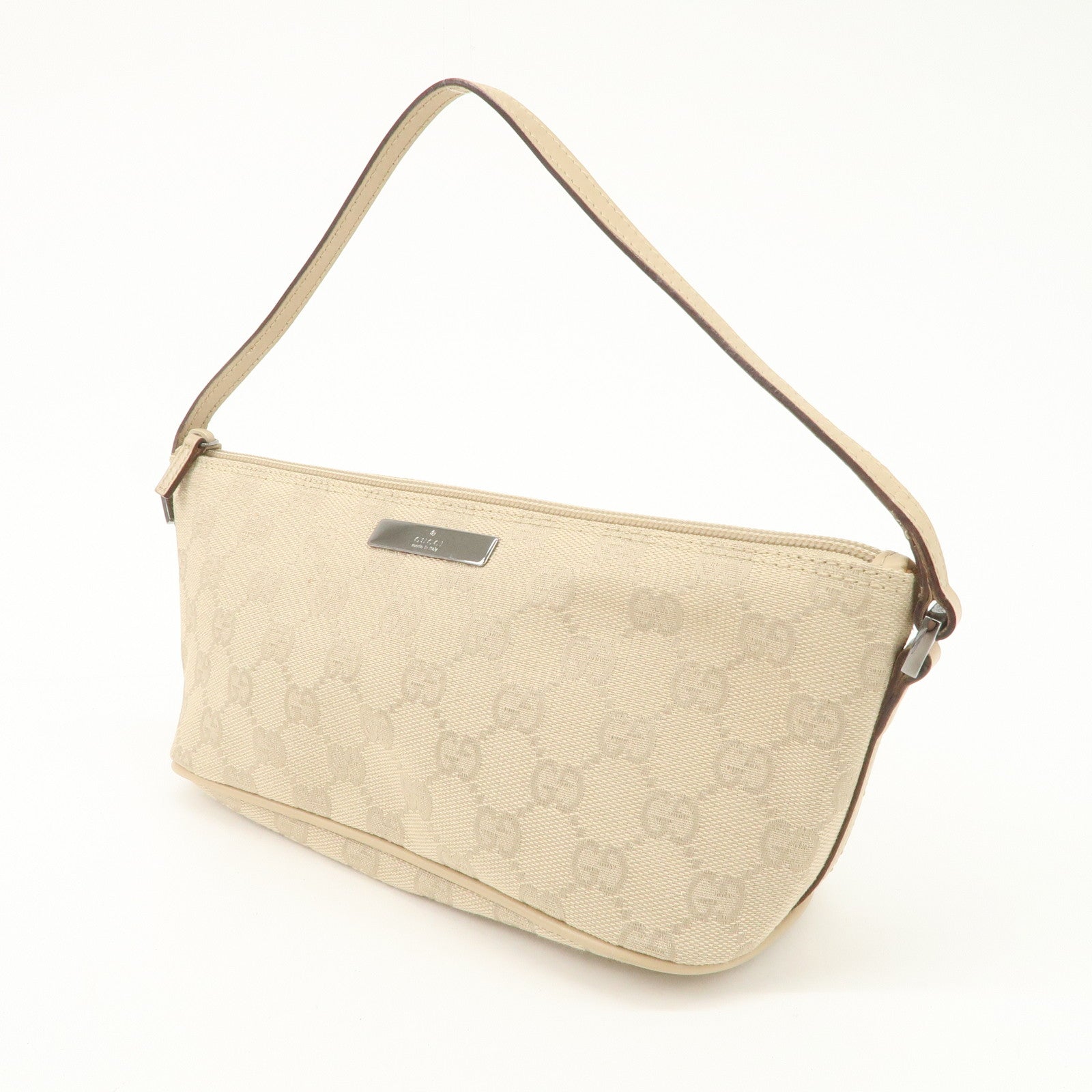 GUCCI Boat Bag GG Canvas Leather Hand Bag Pouch Beige 07198 Used