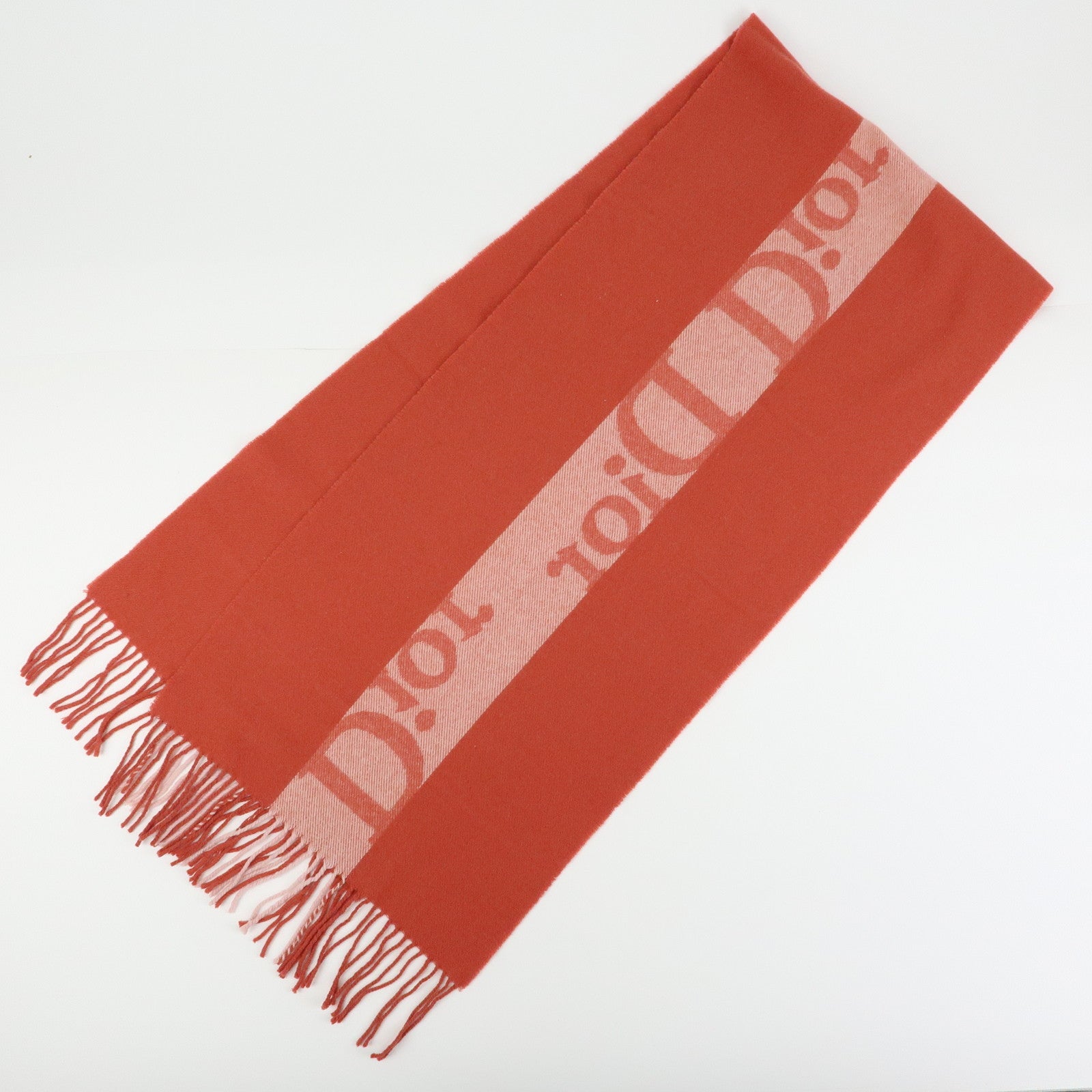 Christian Dior Logo Wool Cashmere Fringe Scarf Red