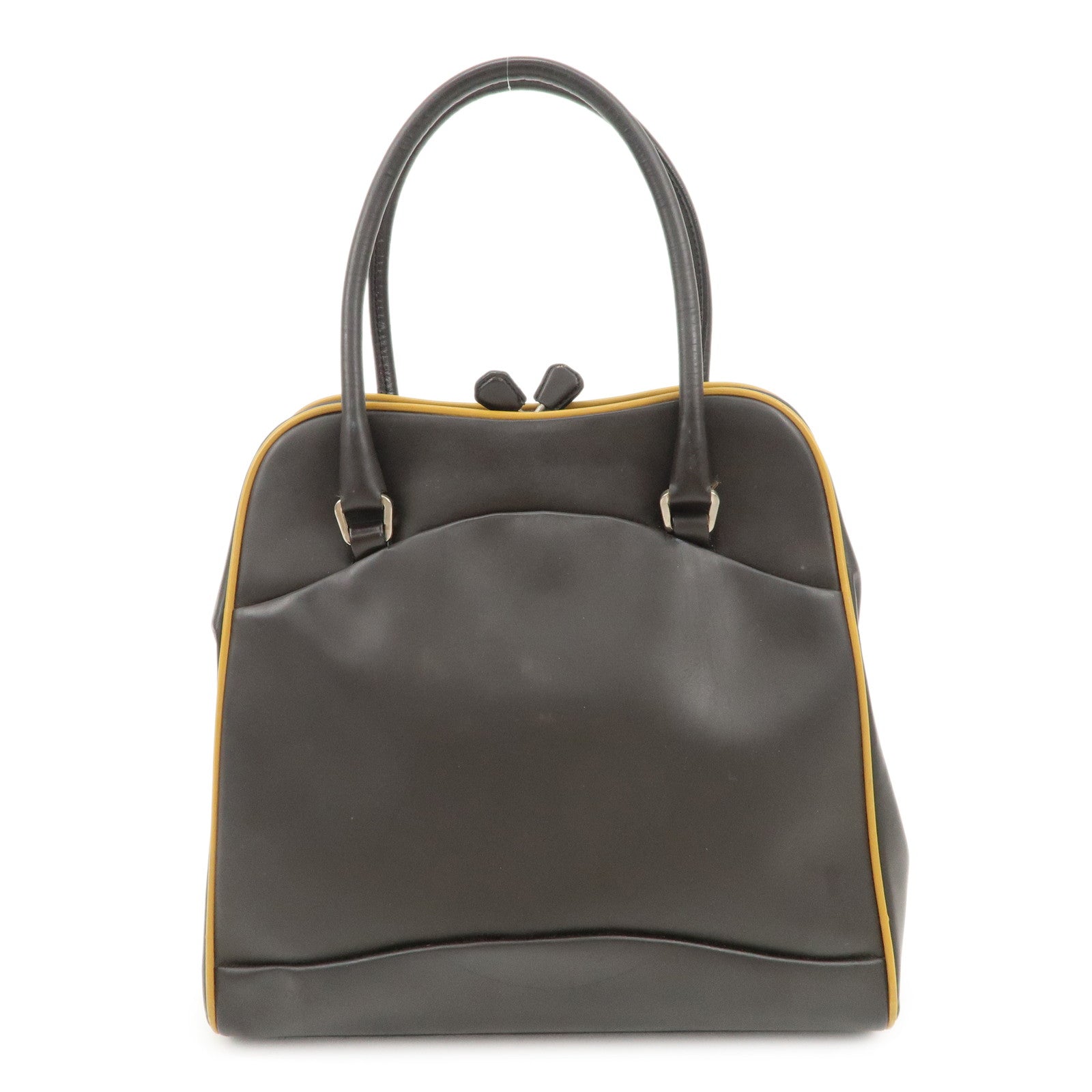 PRADA Triangle Logo Leather Tote Bag Hand Bag Beige Dark Brown Used