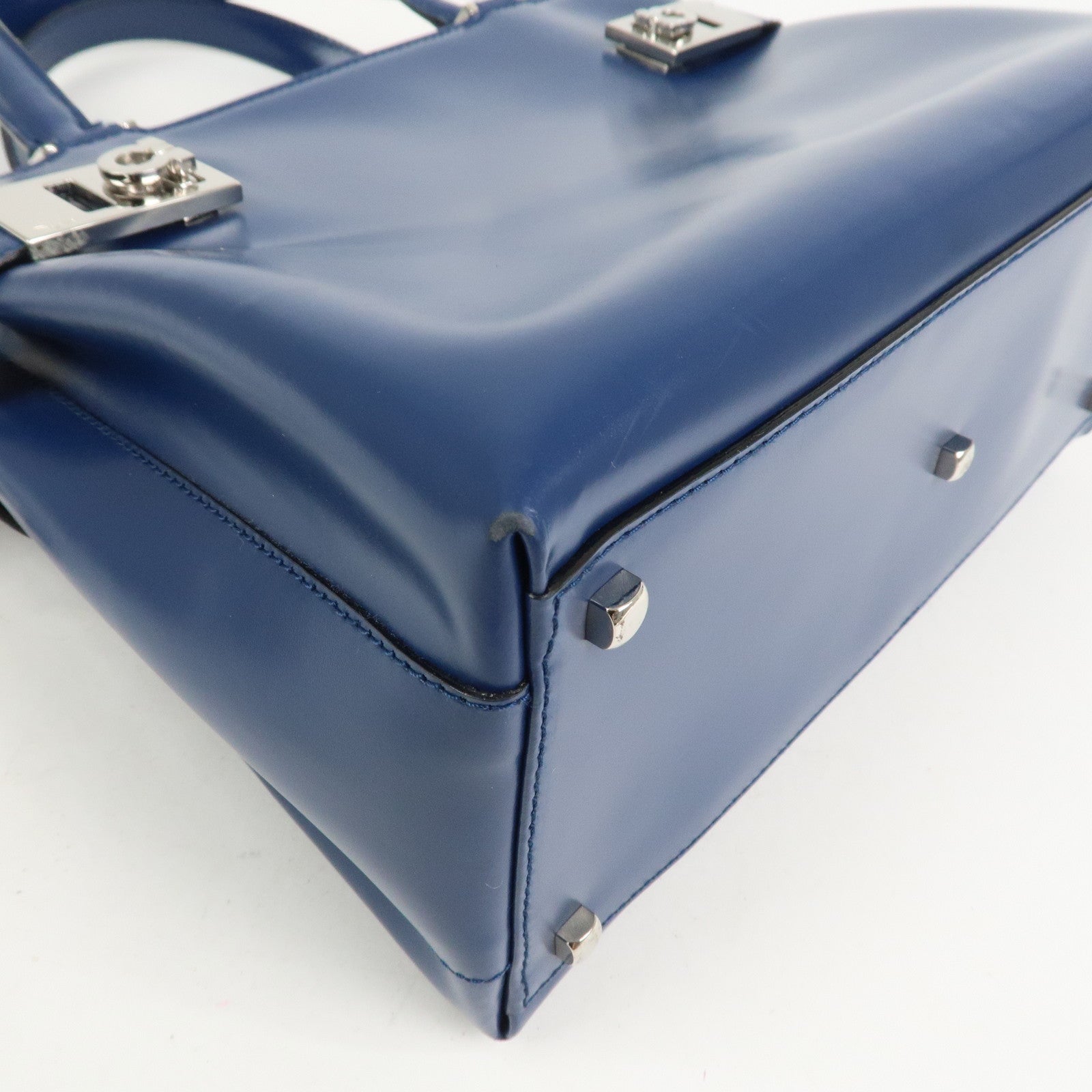 Ferragamo Gancini Logo Leather 2Way Bag Hand Bag Shoulder Bag Blue