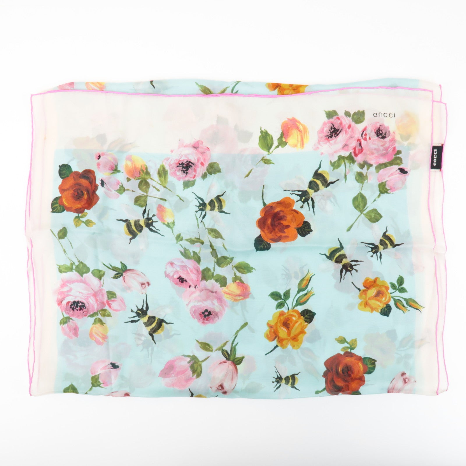 GUCCI Silk 100% 64 ×192 Floral Honey Bee Print Scarf Blue