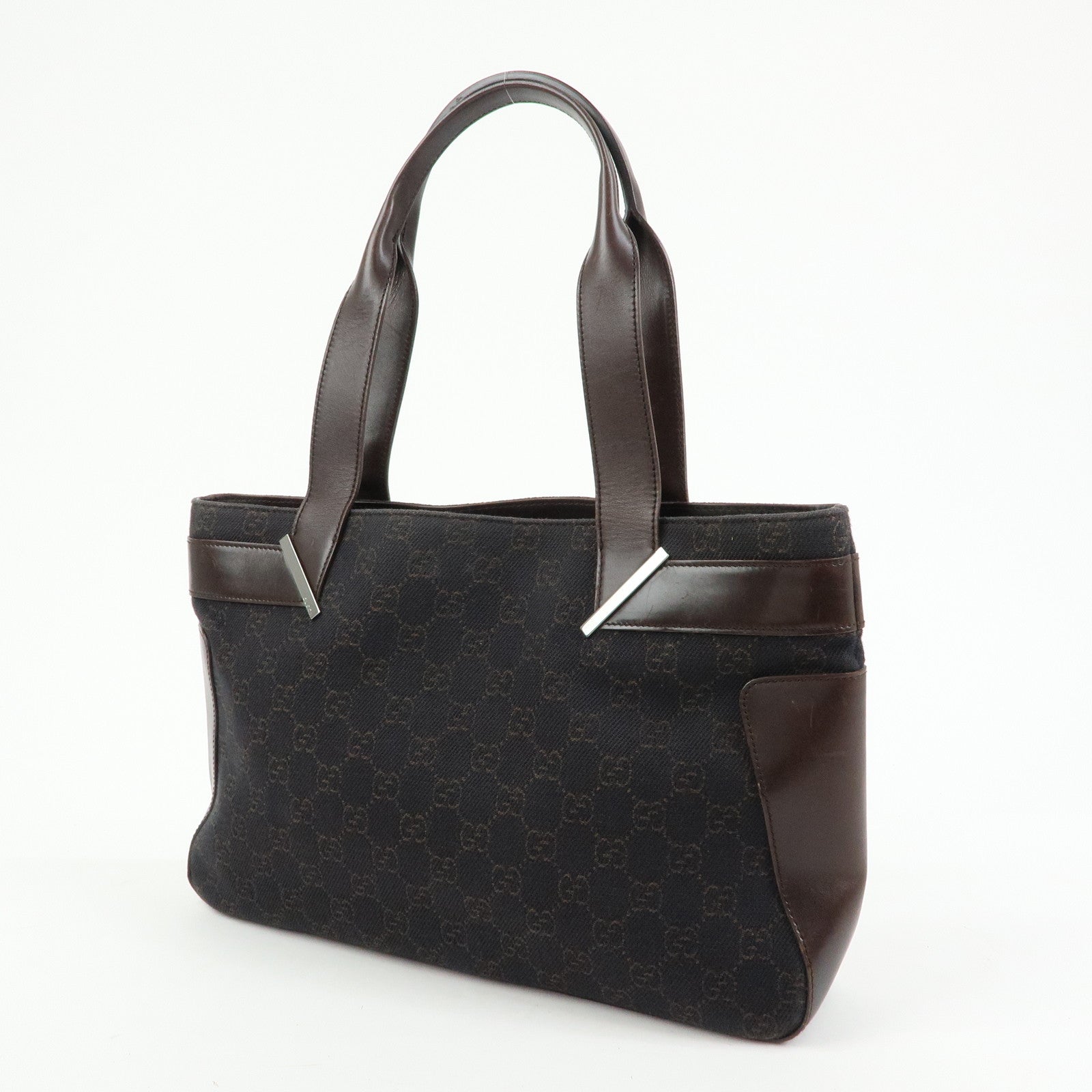 GUCCI GG Canvas Leather Hand Bag Tote Bag Dark Brown 73983