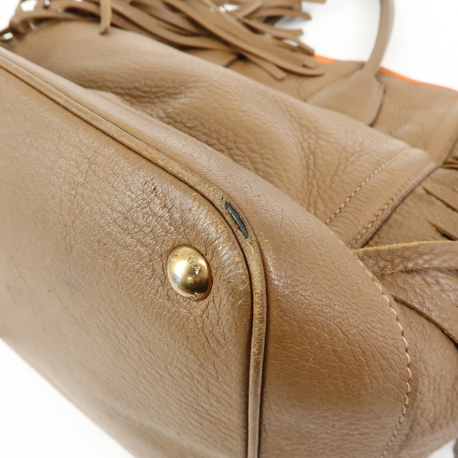 PRADA Leather Fringe Tote Bag Hand Bag Camel Orange