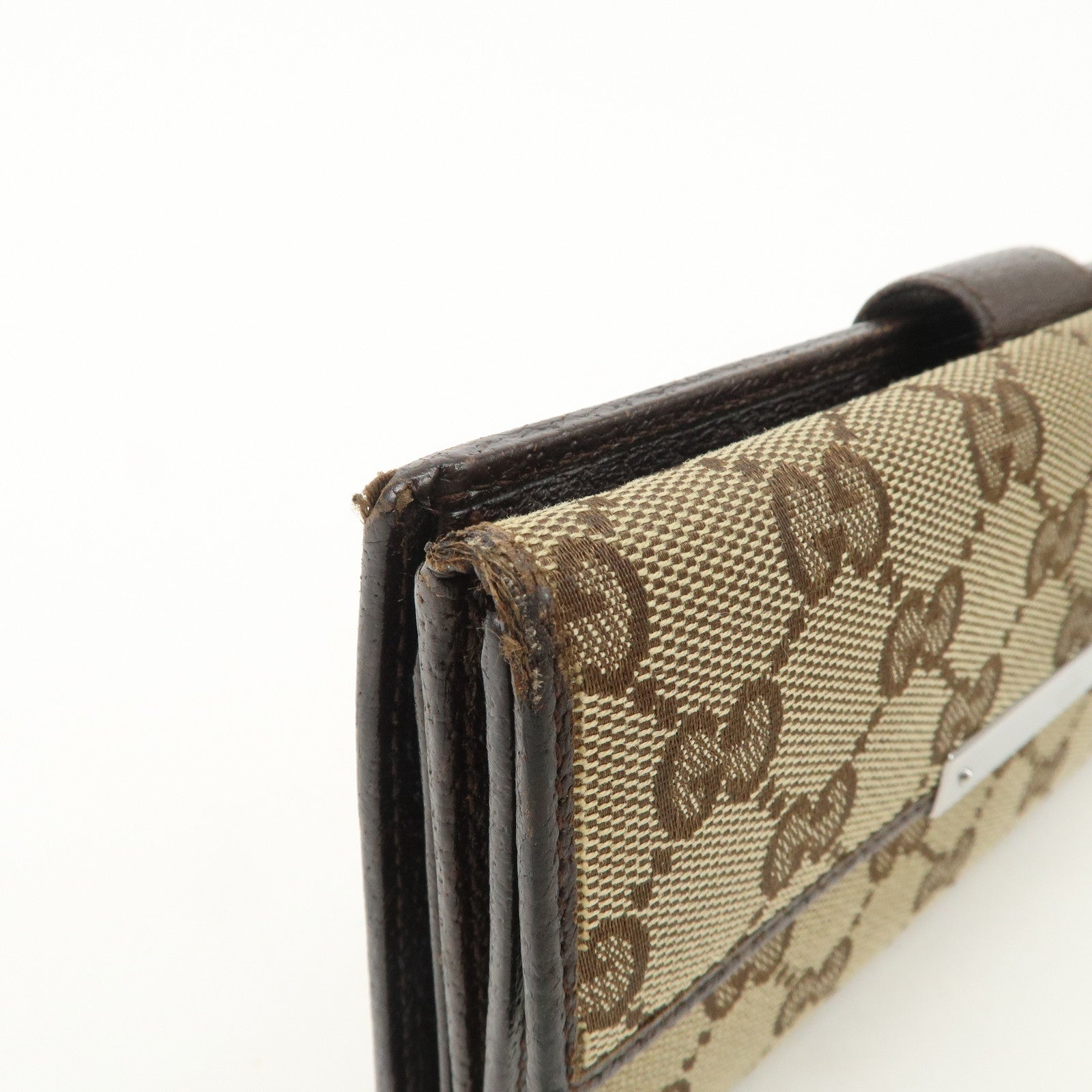 GUCCI GG Canvas Leather Bi-fold Long Wallet Dark Brown 112715 Used