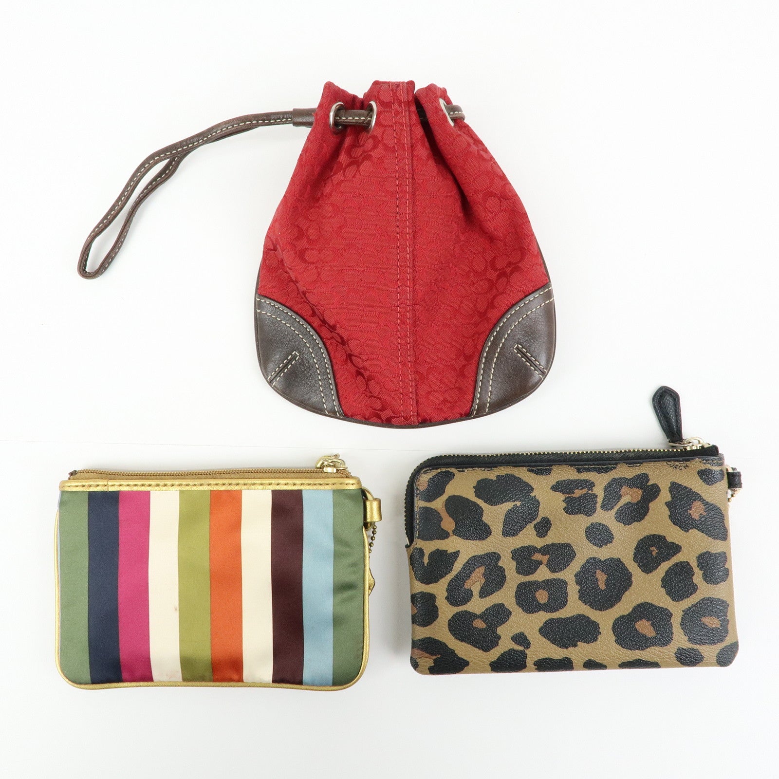 COACH Signature Set of 3 Pouch Cosmetic Case Red Brown Multicolor