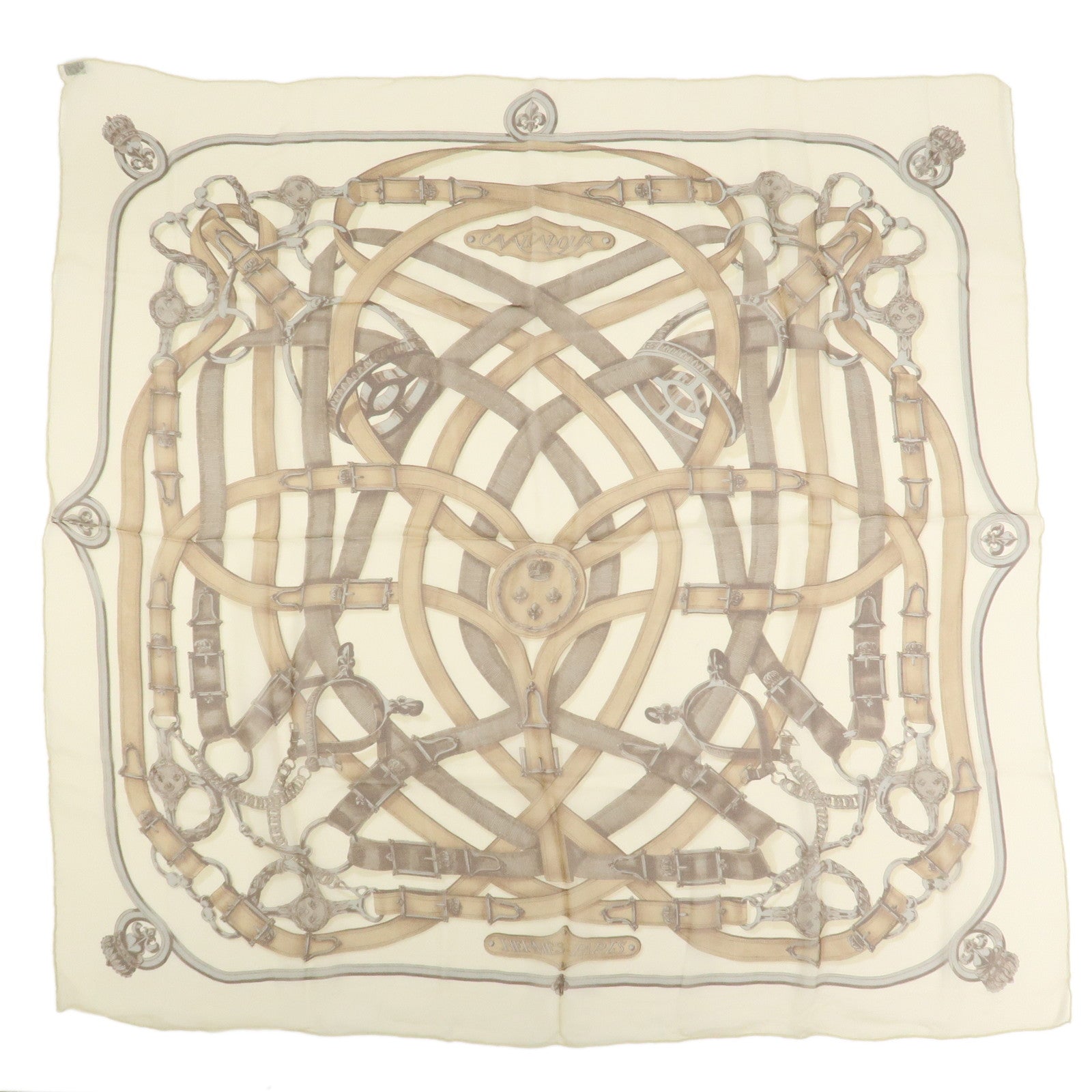 HERMES Carre 90 Silk 100% Scarf CAVALCADOUR Ivory Brown