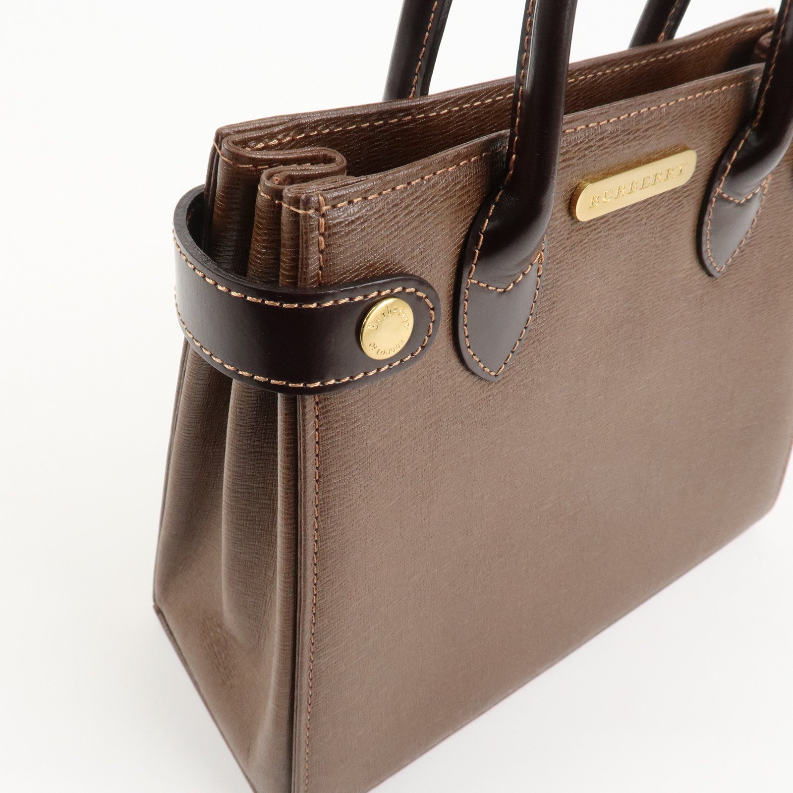 BURBERRY Leather Hand Bag Tote Bag Brown Gold Hardware Used