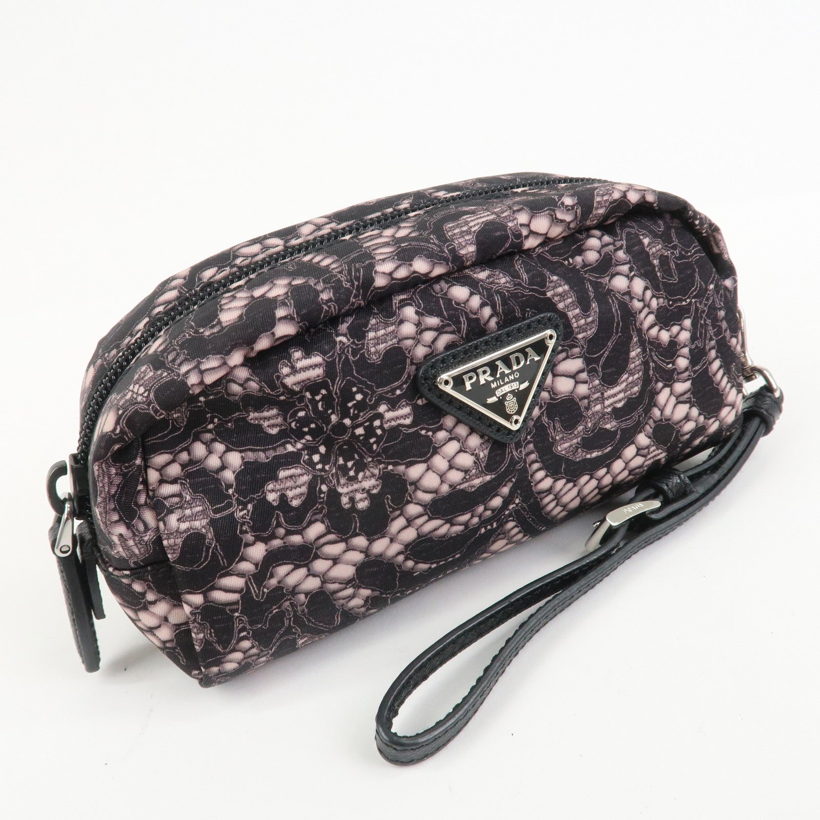 PRADA Triangle Logo Lace Nylon Leather Cosmetic Pouch Black 1NE175