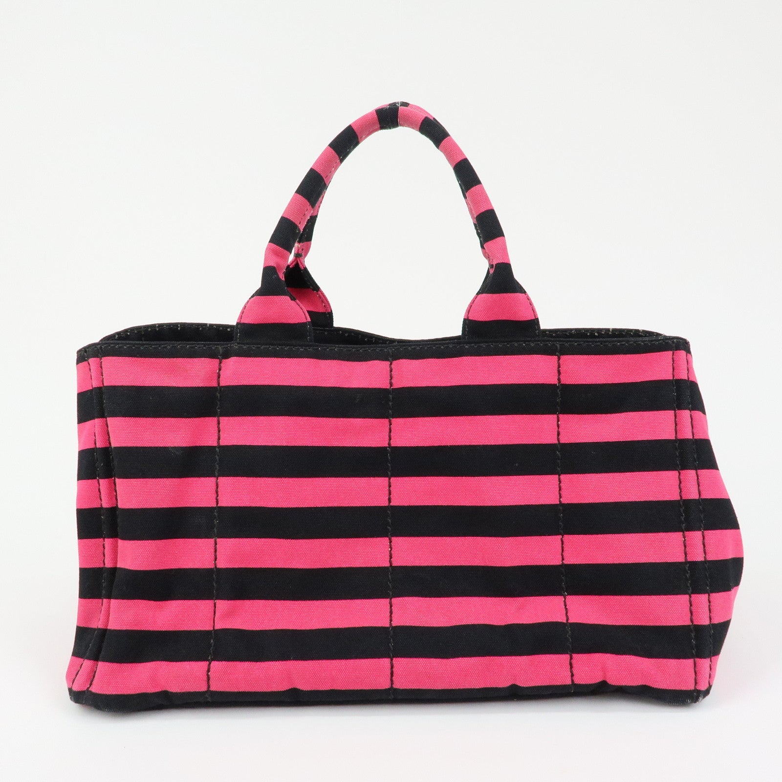 PRADA Canapa Large Triangle Logo Tote Bag Striped Pink Black B1872B