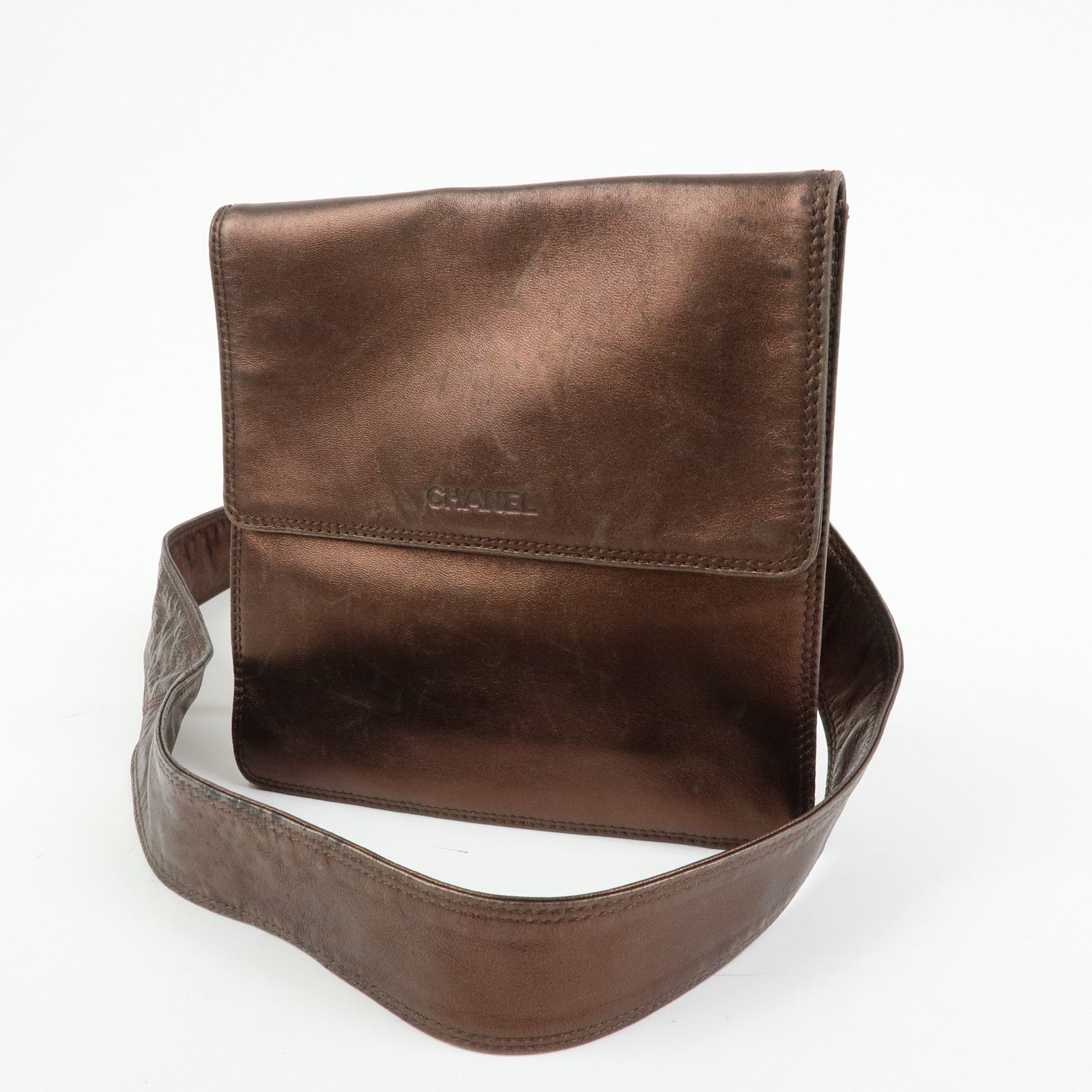 CHANEL Calf Leather Shoulder Bag Flap Crossbody Bag Metallic Brown