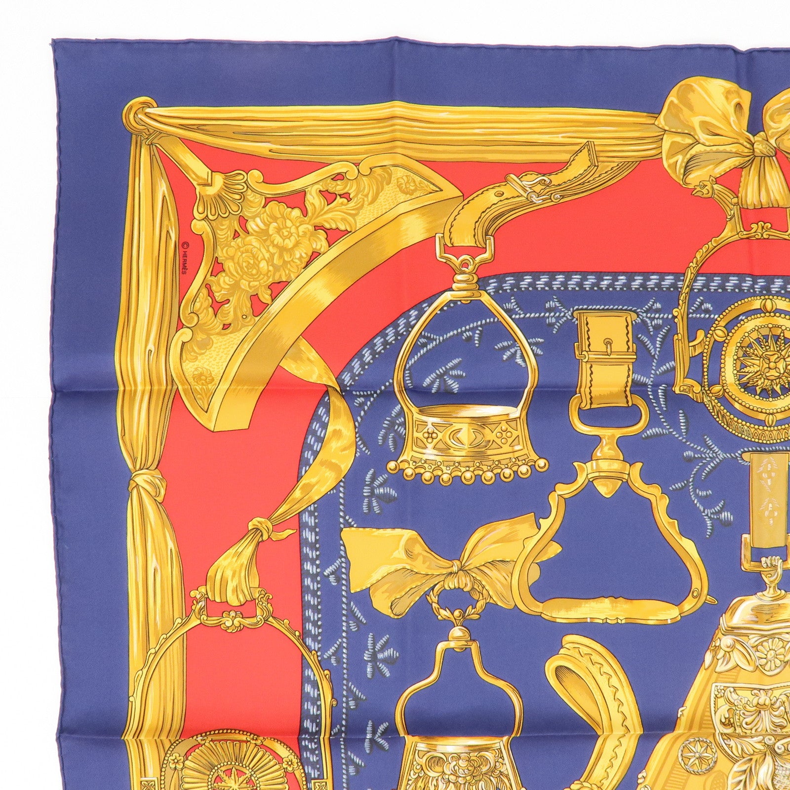 HERMES Carre 90 Silk 100% Scarf ETRIERS Gold Red Navy