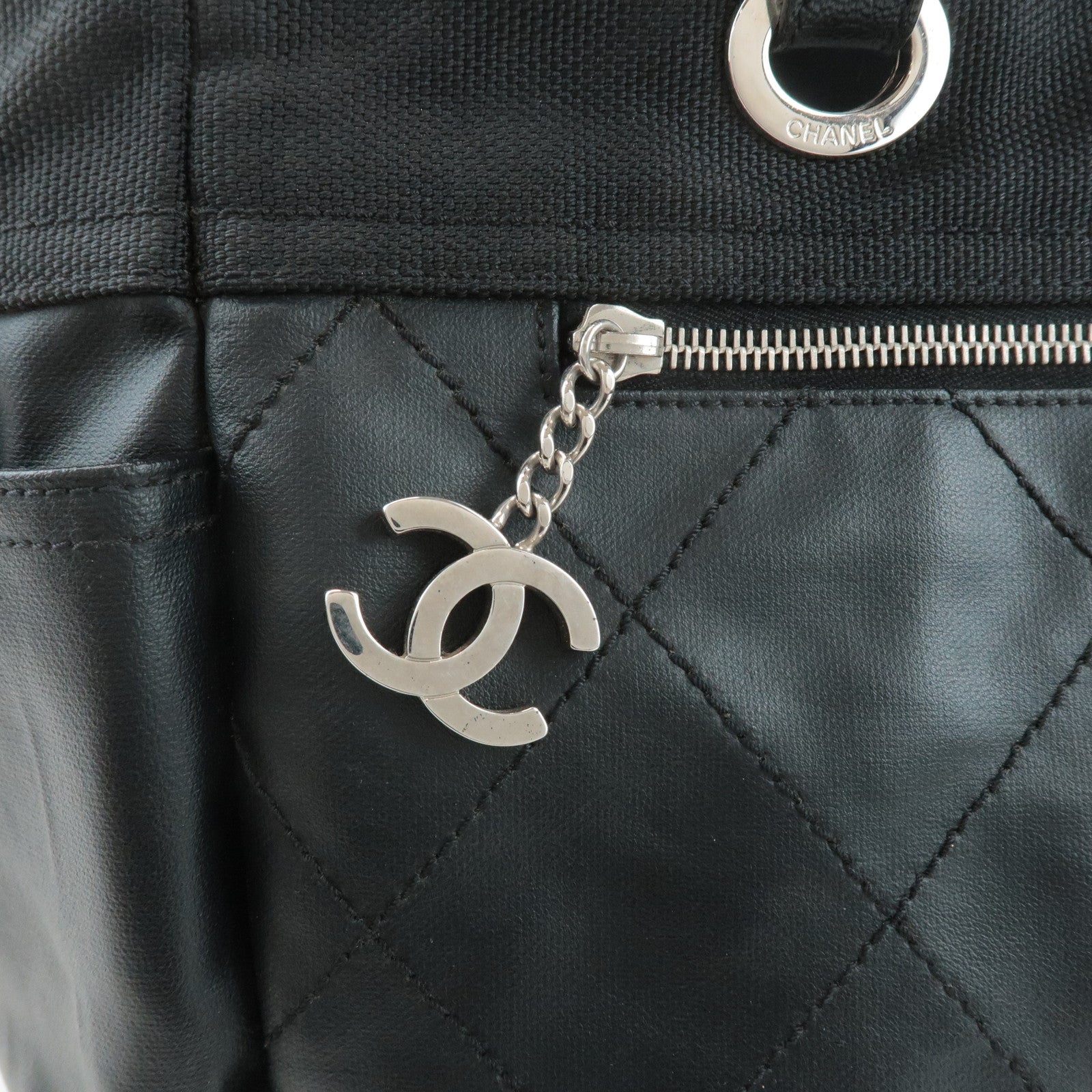 CHANEL COCO Paris Biarritz GM Coated Canvas Leather Tote Bag Black