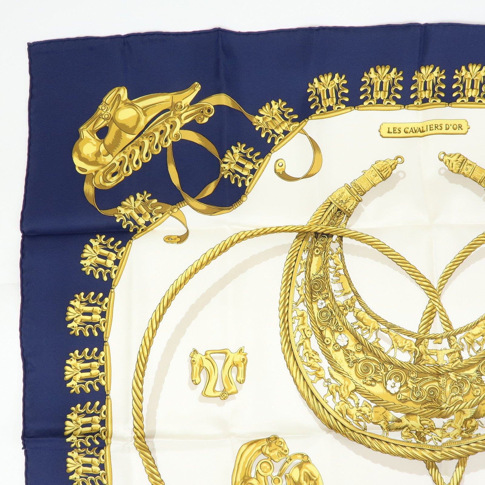 HERMES Carre 90 Silk 100% Scarf LES CAVALIERS D'OR Navy White