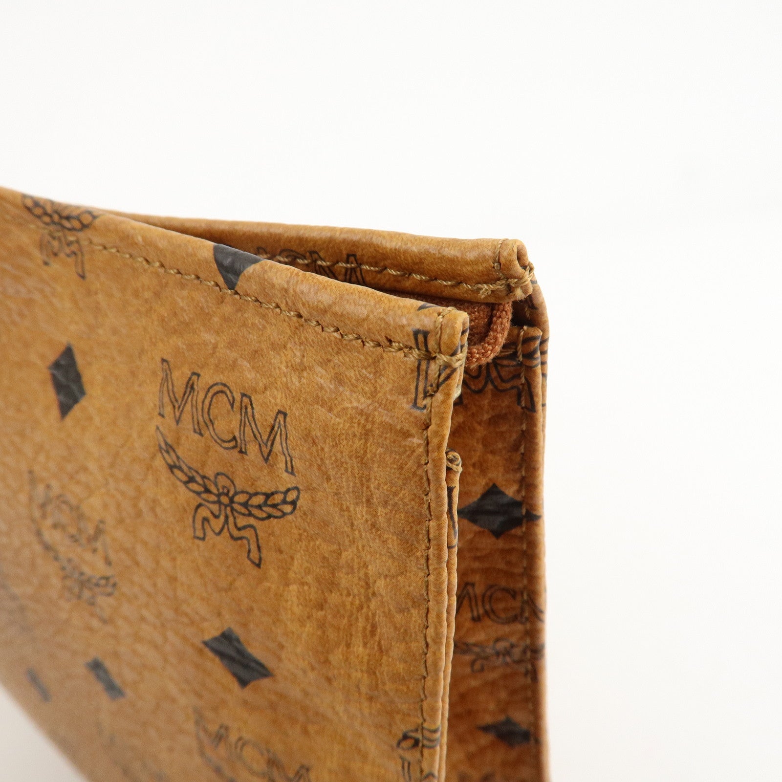 MCM Visetos Leather Clutch Bag Brown Gold Hardware