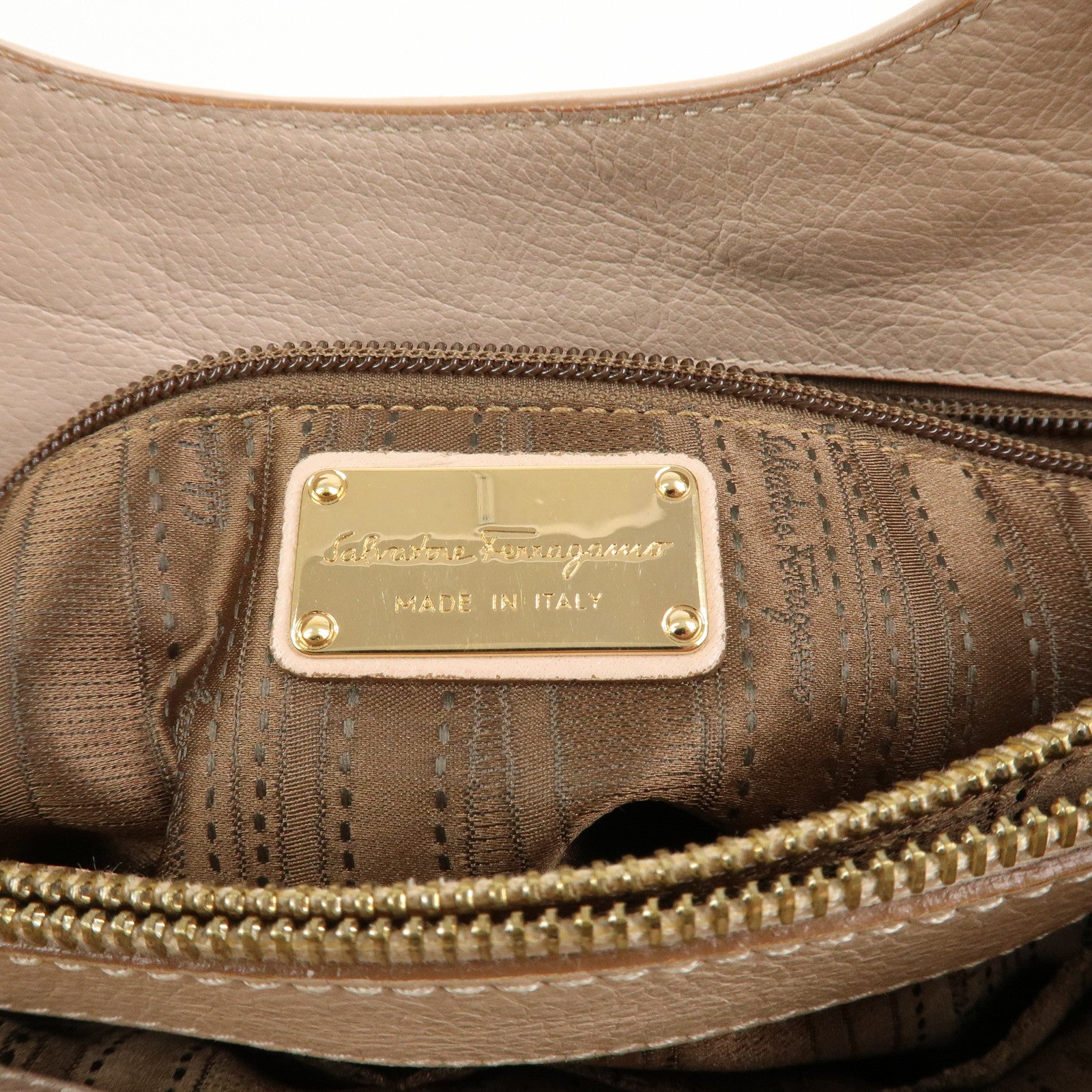 Ferragamo Leather Shoulder Bag Hand Bag Pink Beige Gold